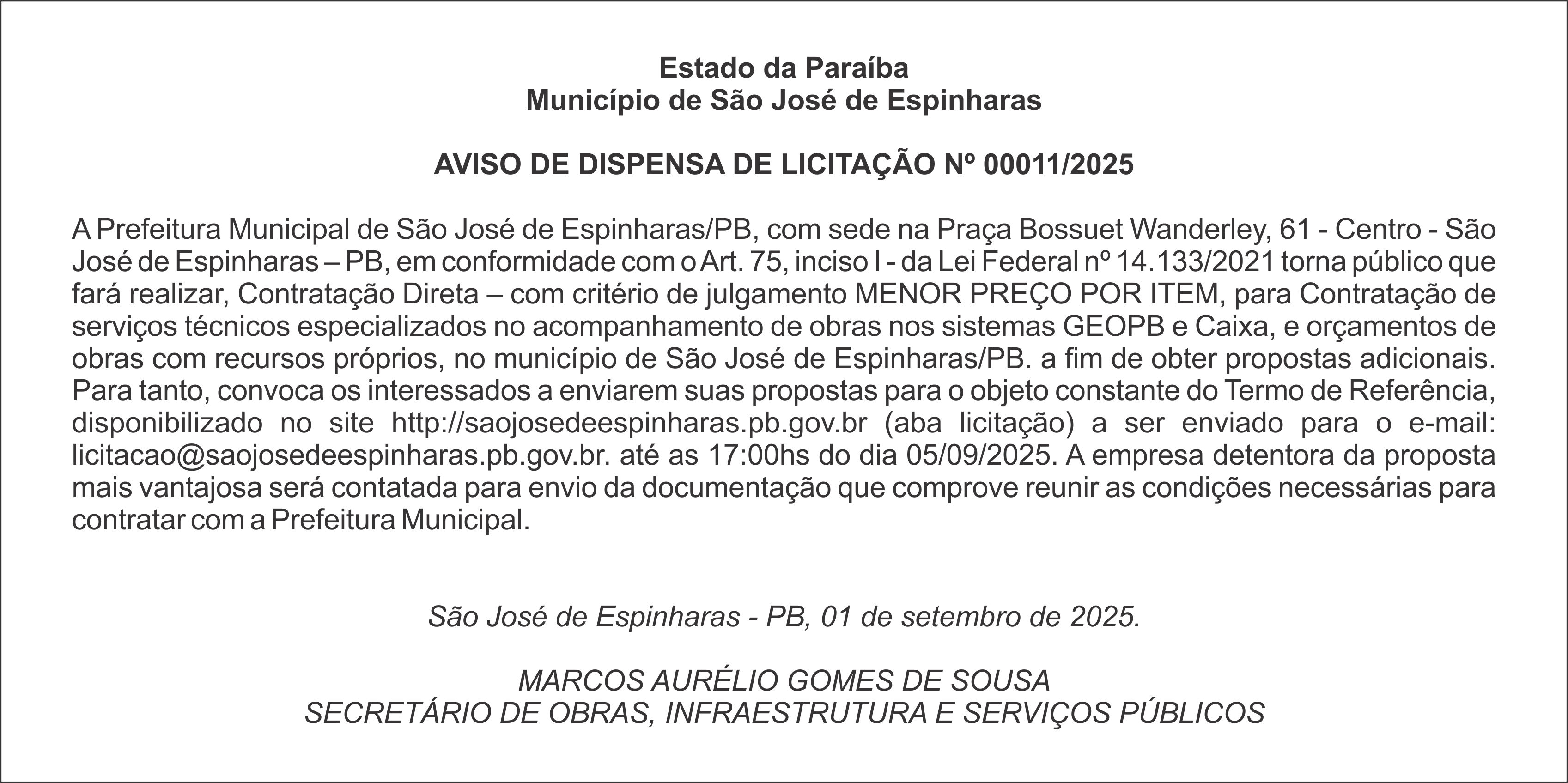 Município de São José de Espinharas – AVISO DE DISPENSA DE LICITAÇÃO Nº 00011/2025