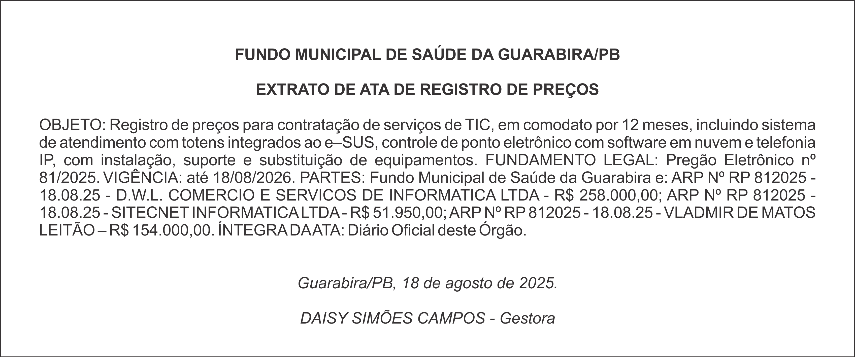 FUNDO MUNICIPAL DE SAÚDE DA GUARABIRA/PB – EXTRATO DE ATA DE REGISTRO DE PREÇOS