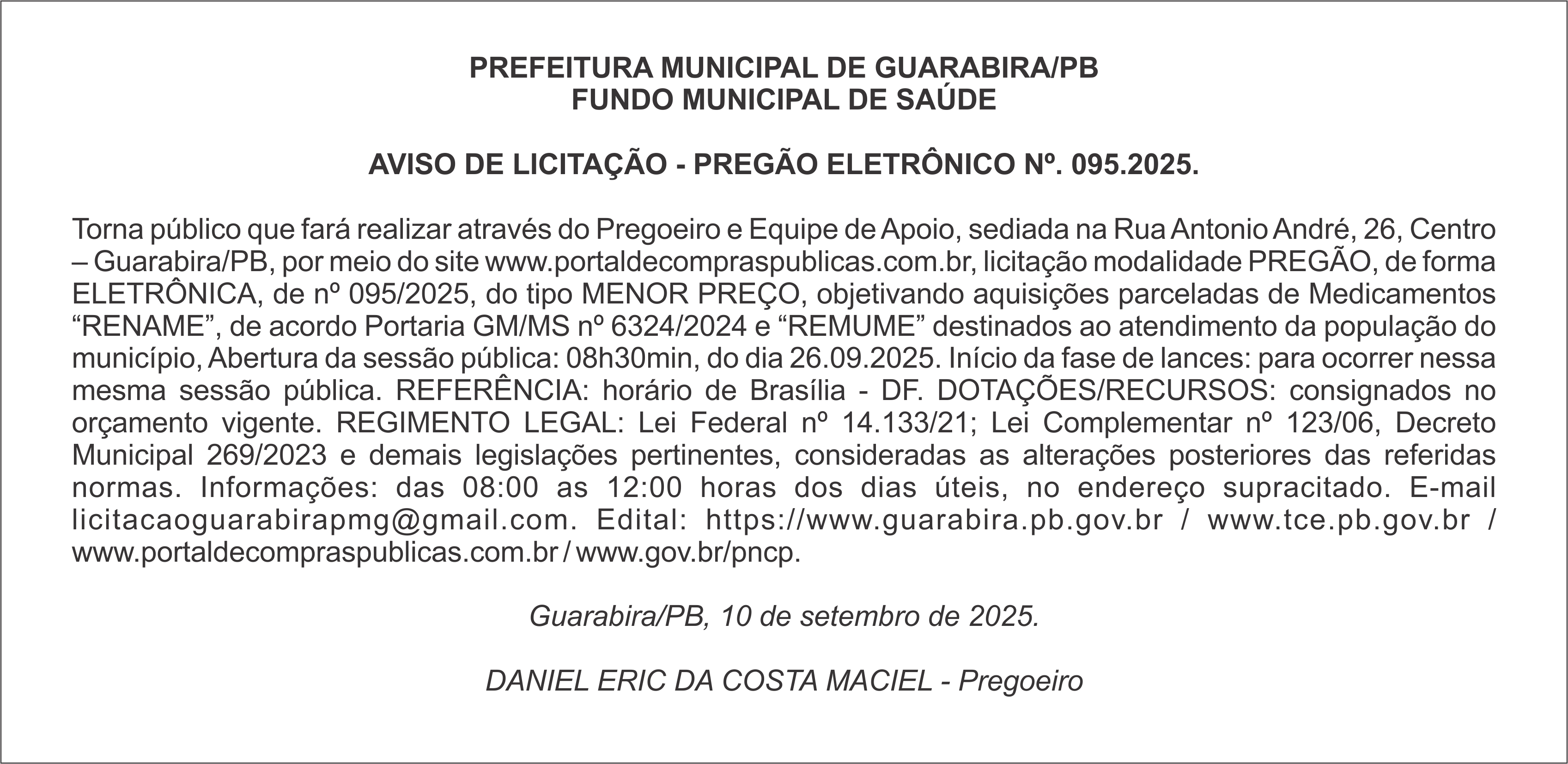 PREFEITURA MUNICIPAL DE GUARABIRA/PB – FUNDO MUNICIPAL DE SAÚDE – AVISO DE LICITAÇÃO – PREGÃO ELETRÔNICO Nº. 095.2025.