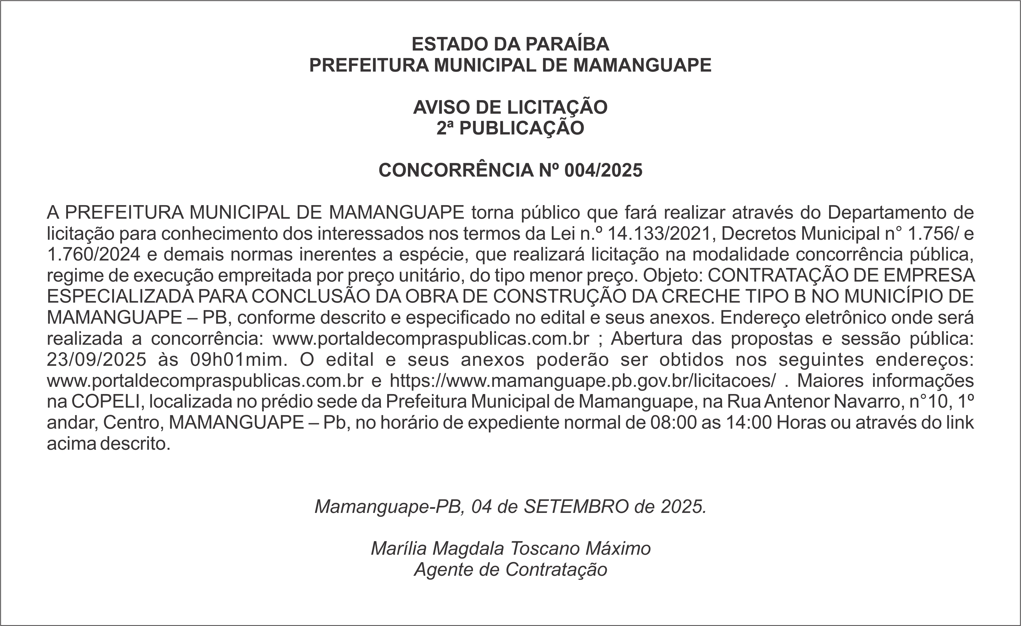 PREFEITURA MUNICIPAL DE MAMANGUAPE – AVISO DE LICITAÇÃO – 2ª PUBLICAÇÃO – CONCORRÊNCIA Nº 004/2025