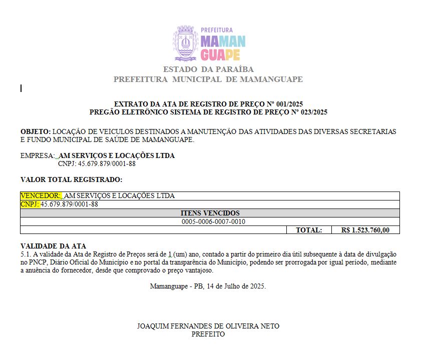 PREFEITURA MUNICIPAL DE MAMANGUAPE – EXTRATO DA ATA DE REGISTRO DE PREÇO Nº 001/2025 PREGÃO ELETRÔNICO SISTEMA DE REGISTRO DE PREÇO Nº 023/2025