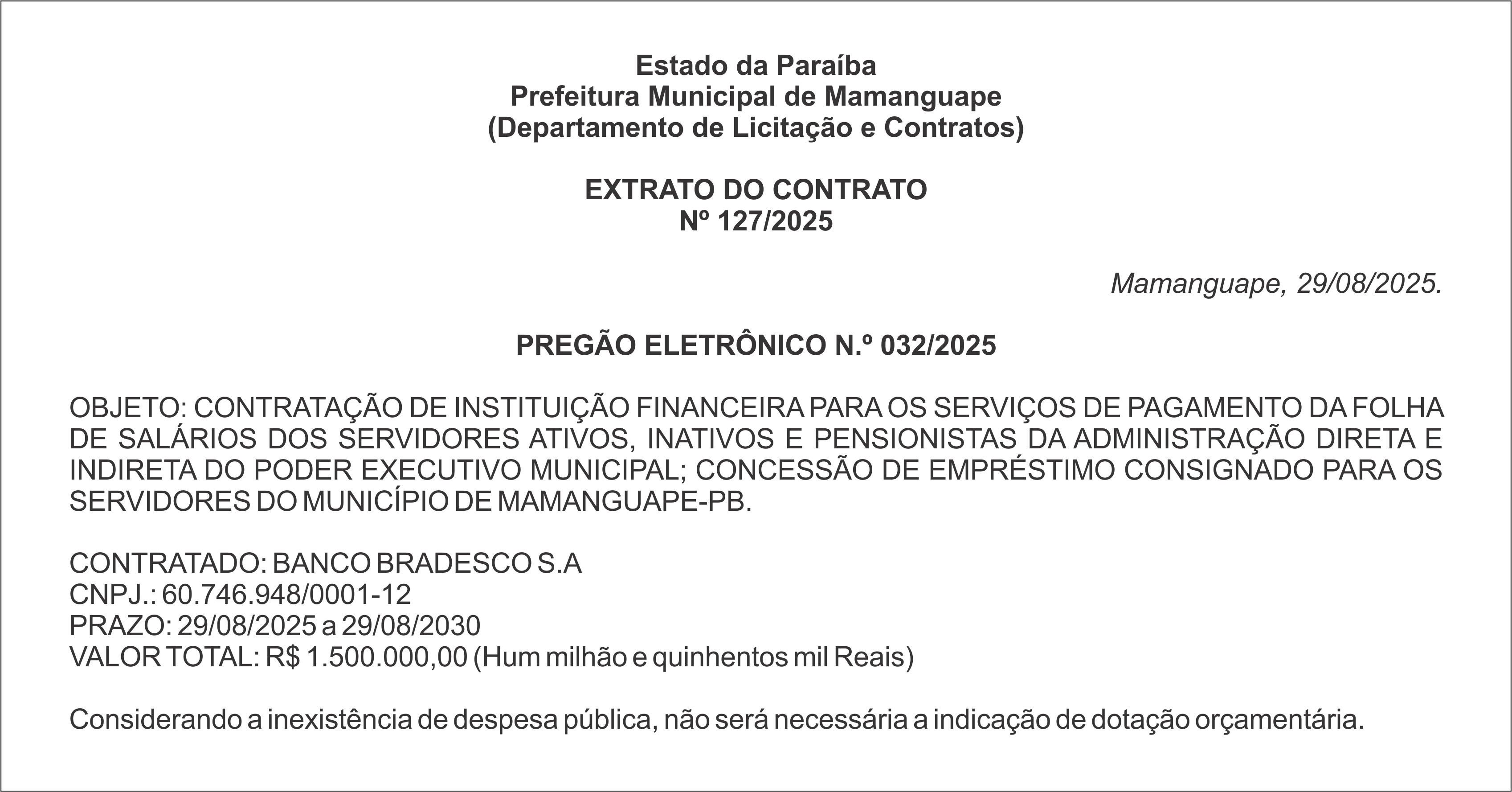 Prefeitura Municipal de Mamanguape – EXTRATO DO CONTRATO Nº 127/2025
