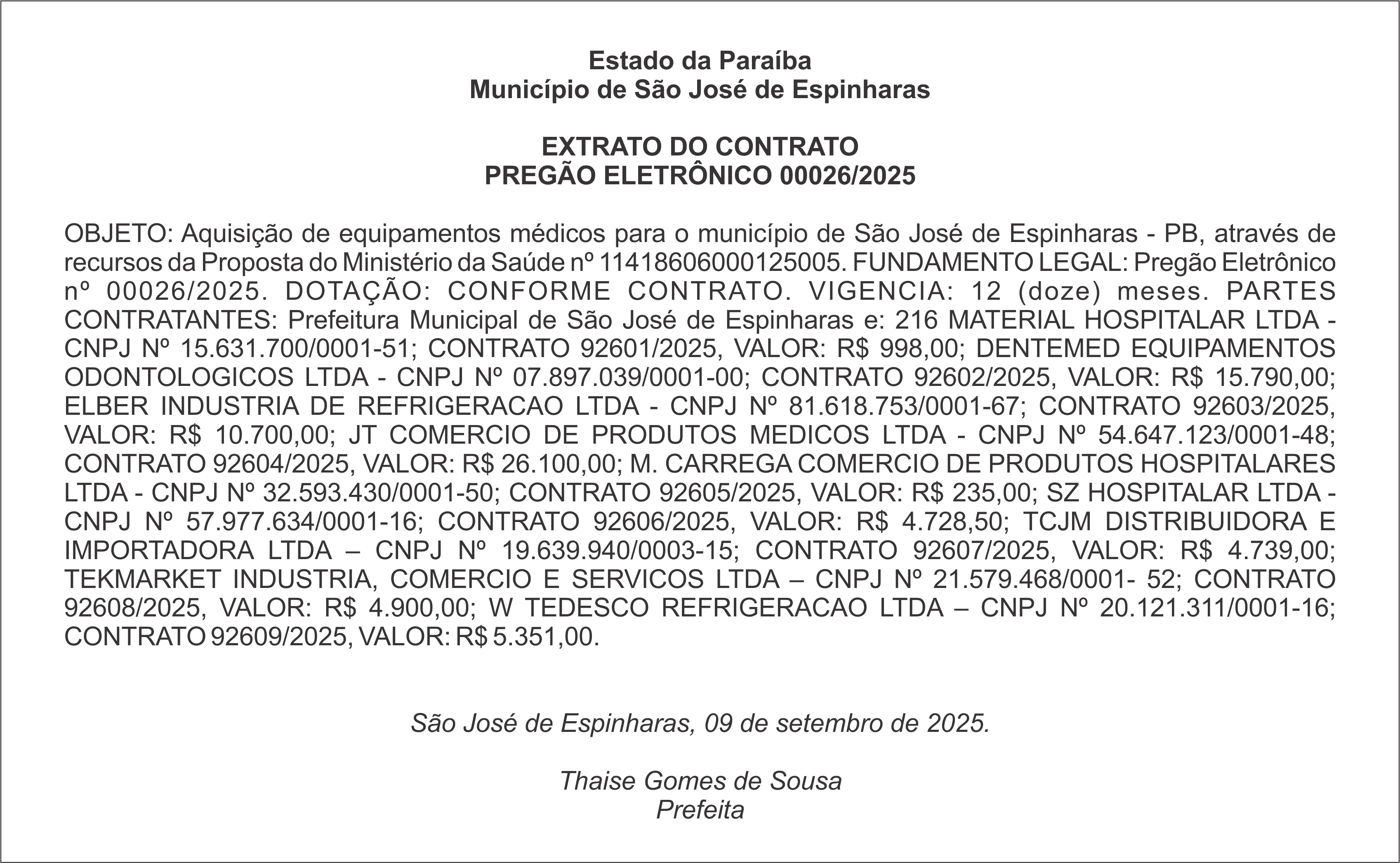 Município de São José de Espinharas – EXTRATO DO CONTRATO – PREGÃO ELETRÔNICO 00026/2025