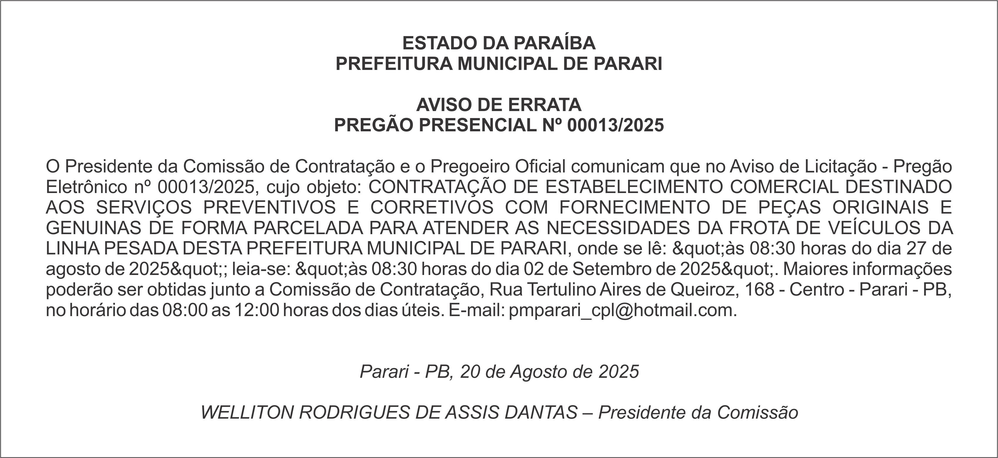PREFEITURA MUNICIPAL DE PARARI – AVISO DE ERRATA – PREGÃO PRESENCIAL Nº 00013/2025