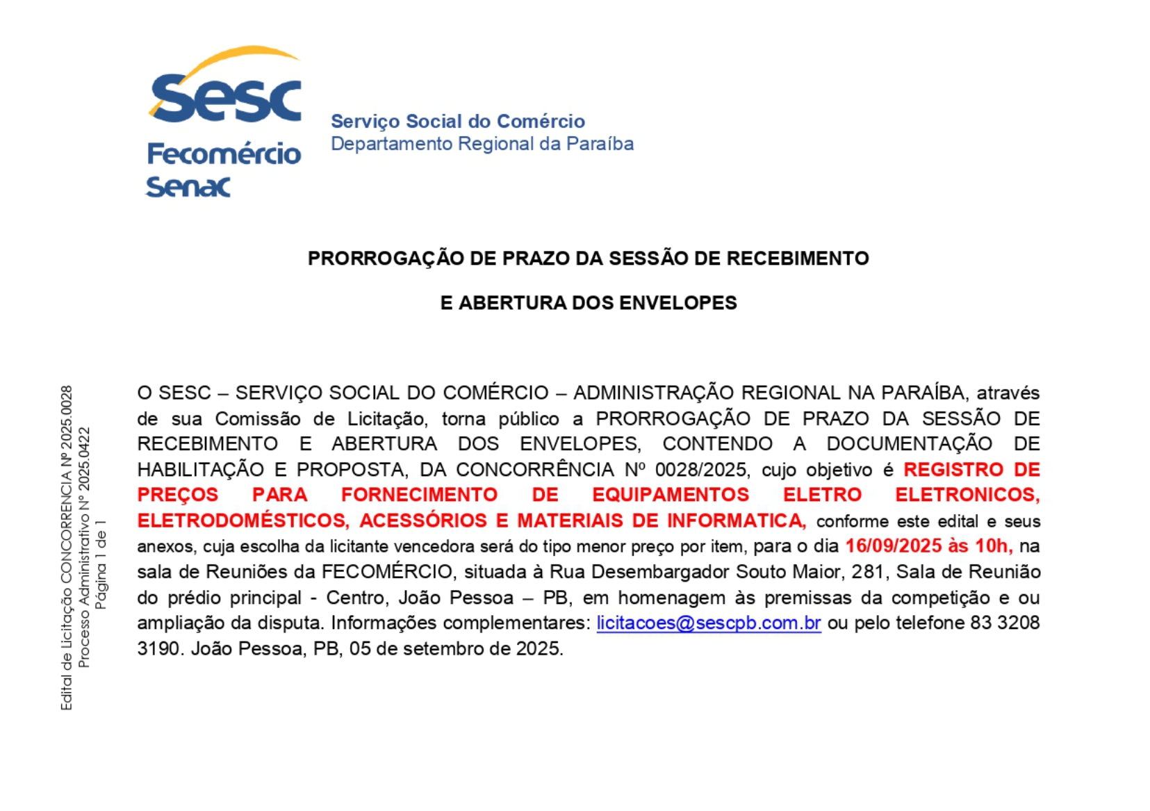 SESC – Aviso de Remarcação do Edital CC Nº 028.2025