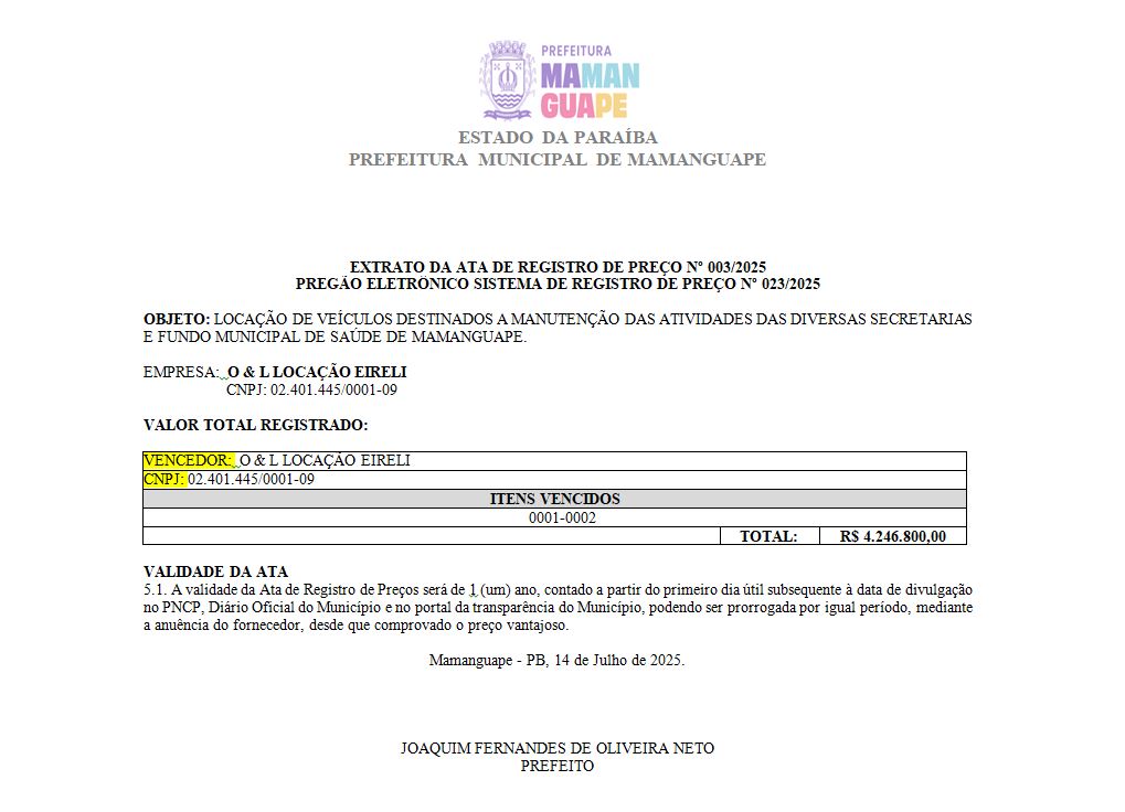 PREFEITURA MUNICIPAL DE MAMANGUAPE – EXTRATO DA ATA DE REGISTRO DE PREÇO Nº 003/2025 PREGÃO ELETRÔNICO SISTEMA DE REGISTRO DE PREÇO Nº 023/2025