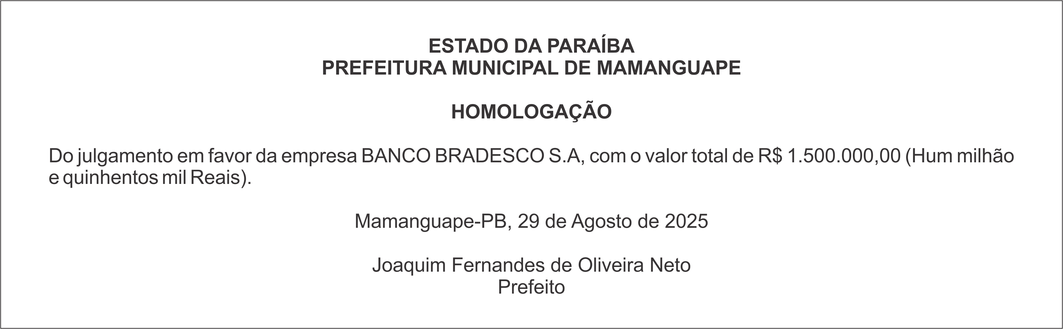 PREFEITURA MUNICIPAL DE MAMANGUAPE  – PREGÃO ELETRÔNICO Nº 032/2025 – HOMOLOGAÇÃO