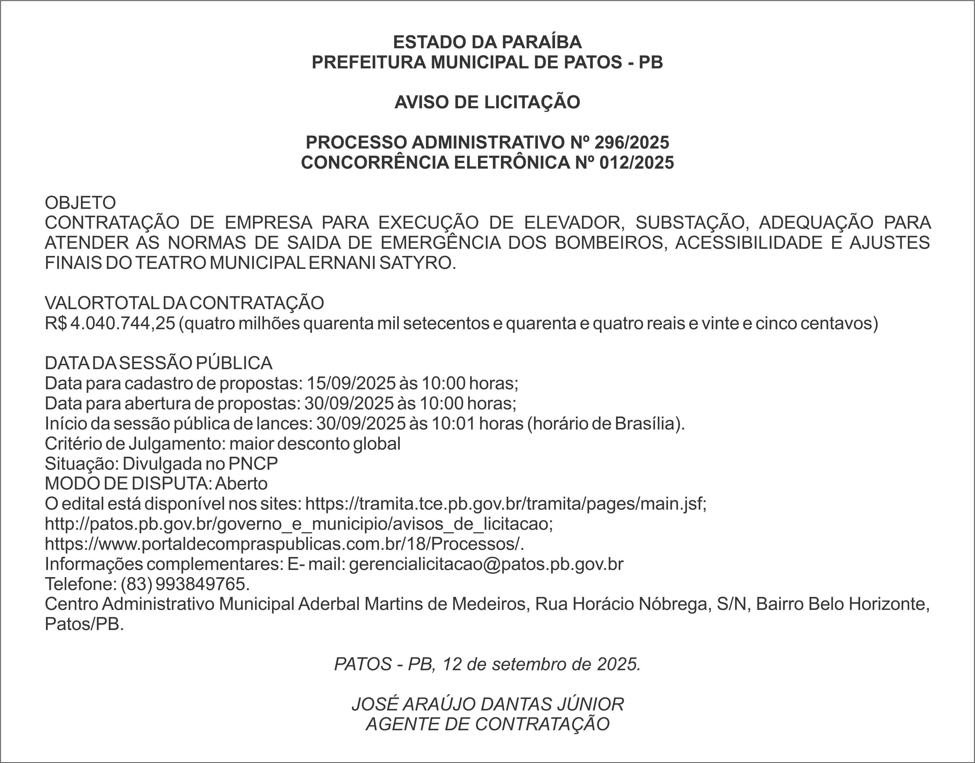 PREFEITURA MUNICIPAL DE PATOS – PB – CONCORRÊNCIA ELETRÔNICA Nº 012/2025