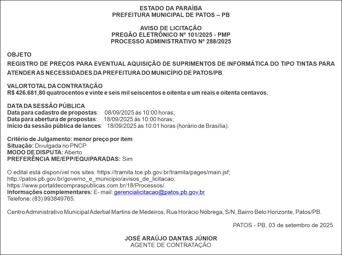 PREFEITURA MUNICIPAL DE PATOS – PB  AVISO DE LICITAÇÃO – PREGÃO ELETRÔNICO Nº 101/2025 – PMP