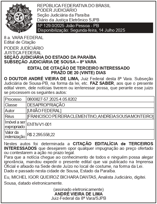 SECRETARIA NACIONAL DE SEGURANÇA HIDRICA – SNSH – MDR – DF – BRASÍLIA – Edital de Citação de Terceiros Interessados – ENTIV-VI-001(FRANCISCO PEREIRA CLEMENTINO)