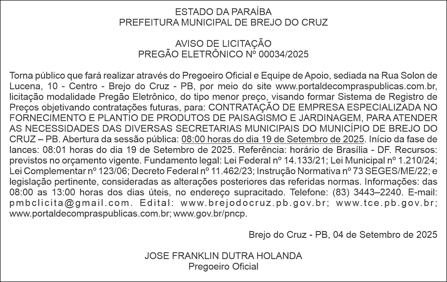 PREFEITURA MUNICIPAL DE BREJO DO CRUZ – AVISO DE LICITAÇÃO – PREGÃO ELETRÔNICO Nº 00034/2025