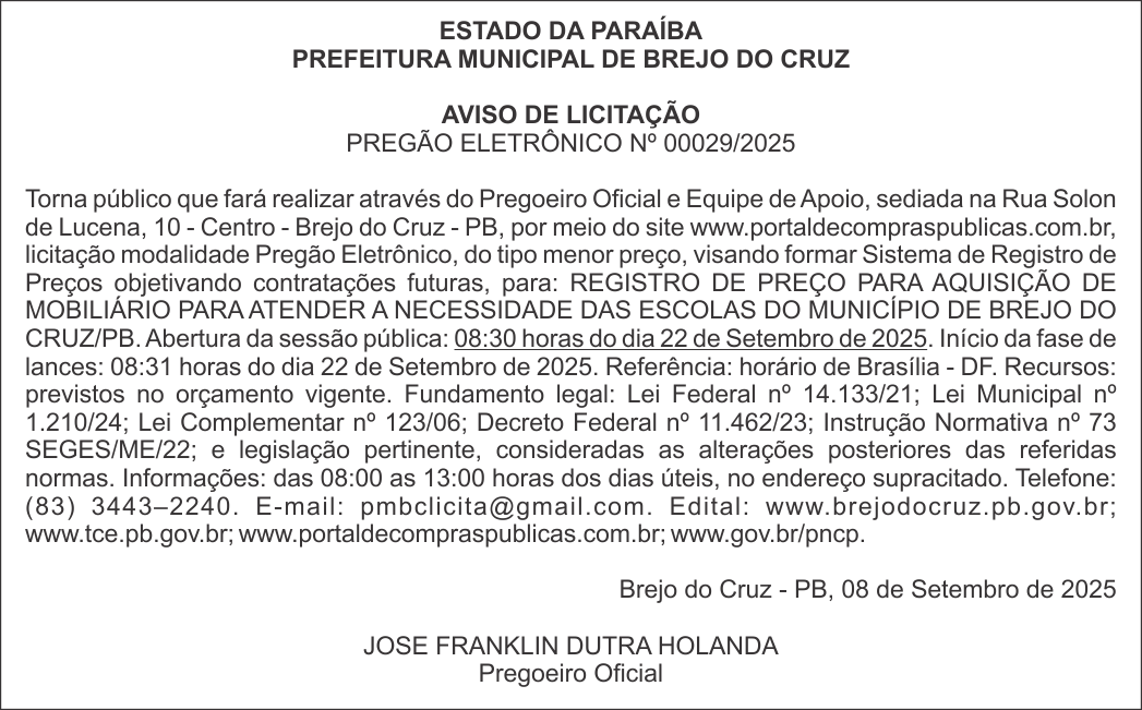 PREFEITURA MUNICIPAL DE BREJO DO CRUZ – AVISO DE LICITAÇÃO – PREGÃO ELETRÔNICO Nº 00029/2025