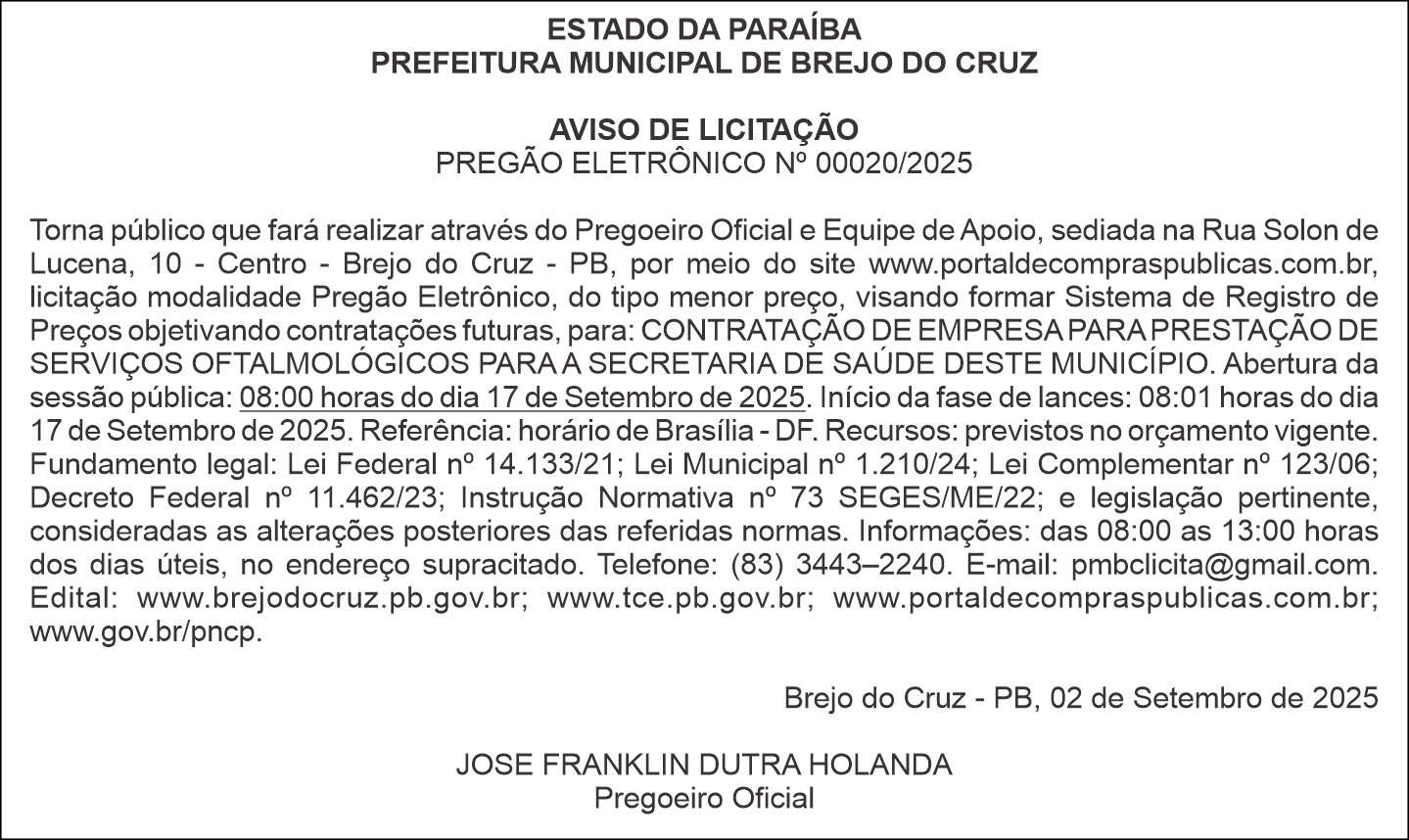 PREFEITURA MUNICIPAL DE BREJO DO CRUZ – AVISO DE LICITAÇÃO – PREGÃO ELETRÔNICO Nº 00020/2025