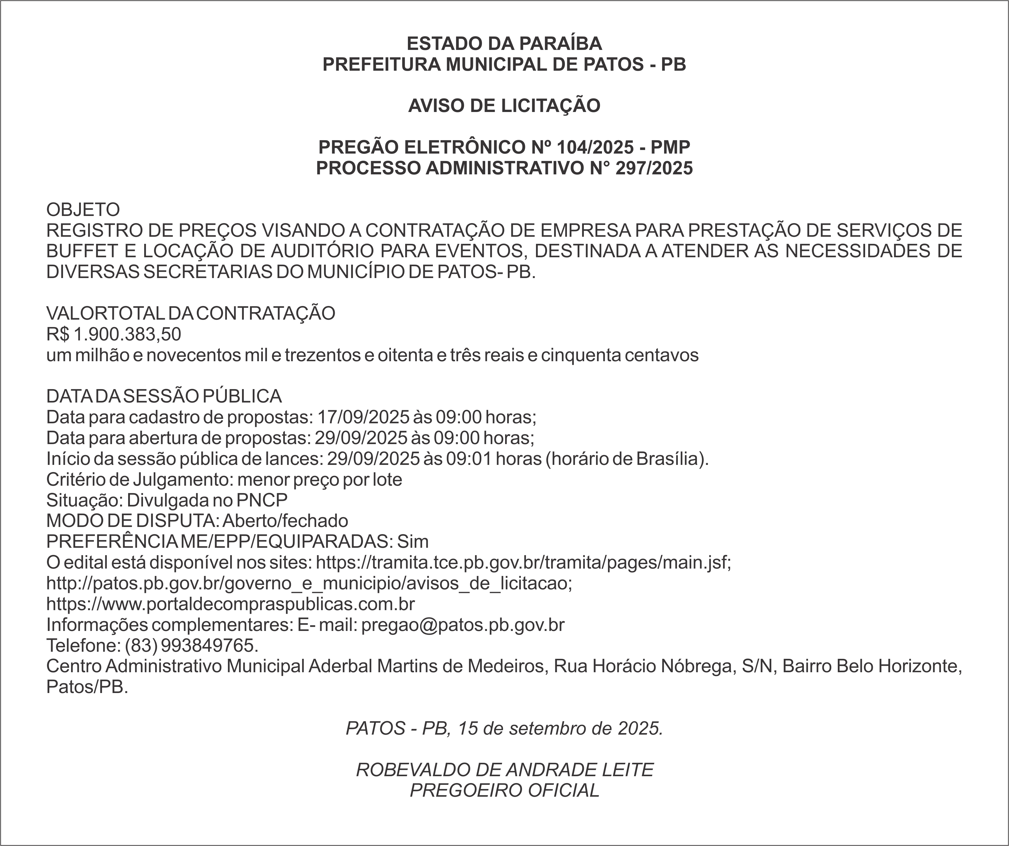 PREFEITURA MUNICIPAL DE PATOS – PB – PREGÃO ELETRÔNICO Nº 104/2025 – PMP