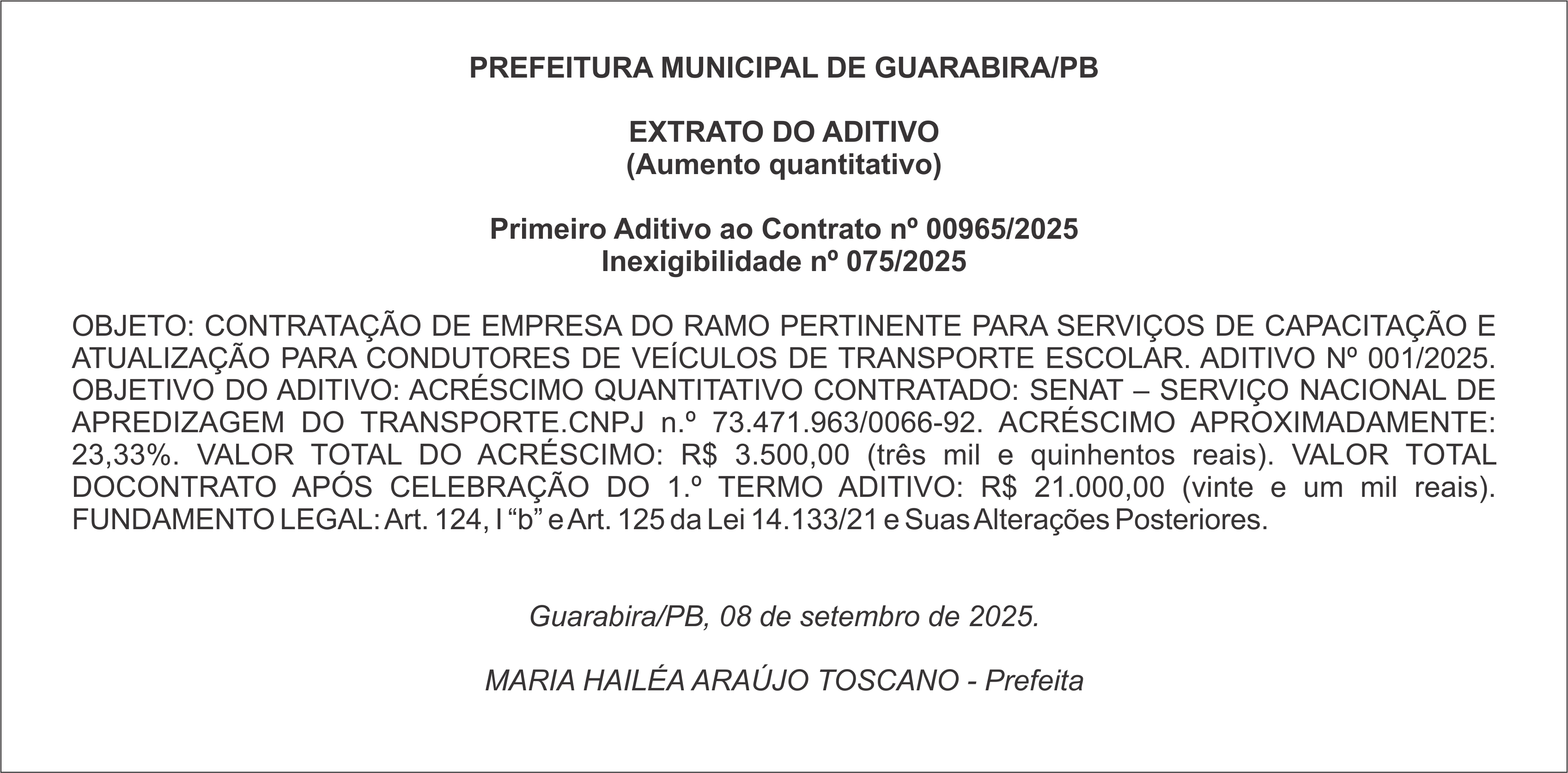 PREFEITURA MUNICIPAL DE GUARABIRA/PB – Primeiro Aditivo ao Contrato nº 00965/2025 – Inexigibilidade nº 075/2025