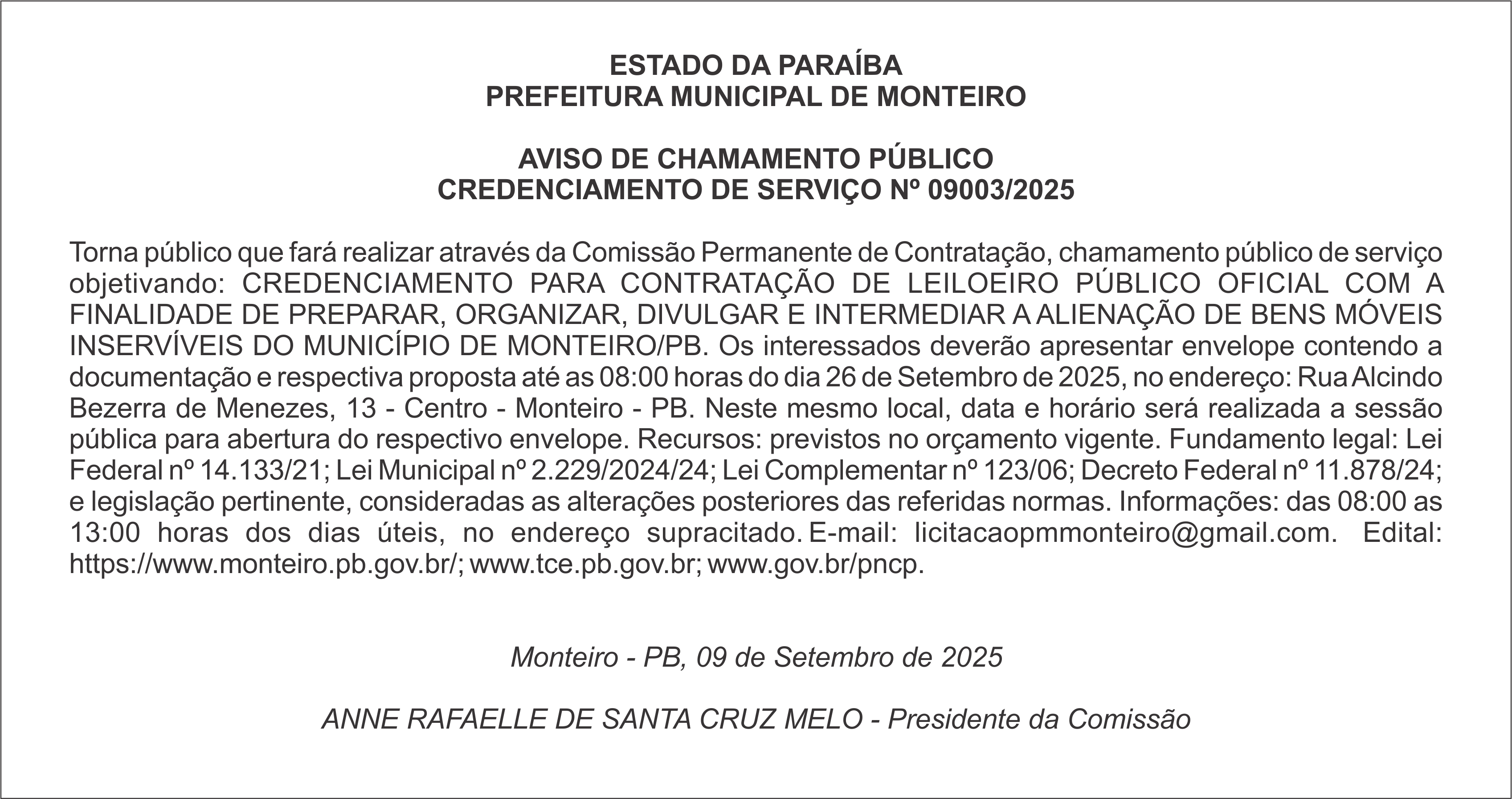 PREFEITURA MUNICIPAL DE MONTEIRO – AVISO DE CHAMAMENTO PÚBLICO – CREDENCIAMENTO DE SERVIÇO Nº 09003/2025