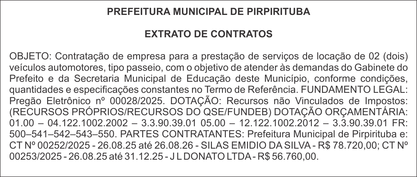 PREFEITURA MUNICIPAL DE PIRPIRITUBA – EXTRATO DE CONTRATOS