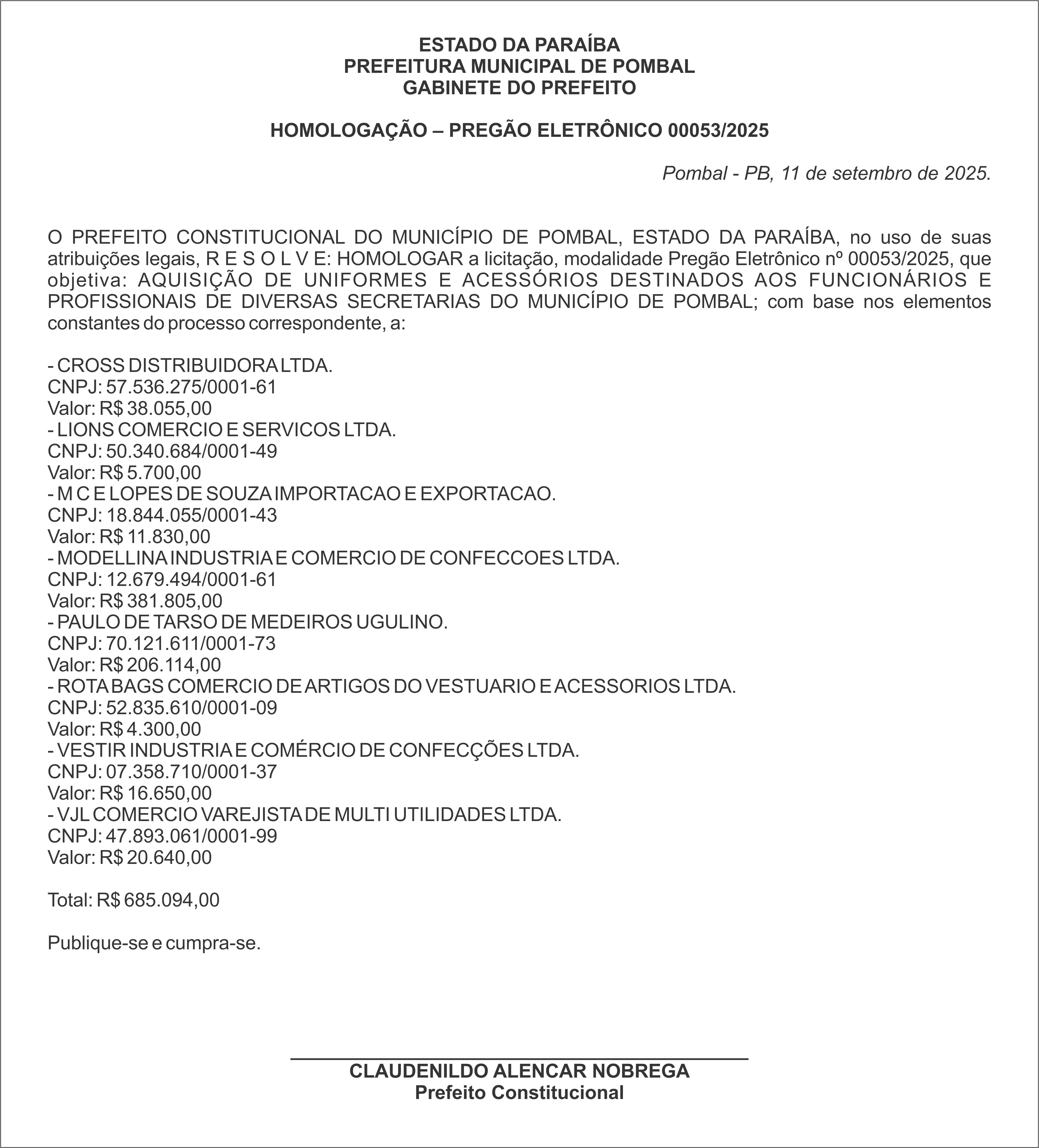 PREFEITURA MUNICIPAL DE POMBAL – HOMOLOGAÇÃO – PREGÃO ELETRÔNICO 00053/2025