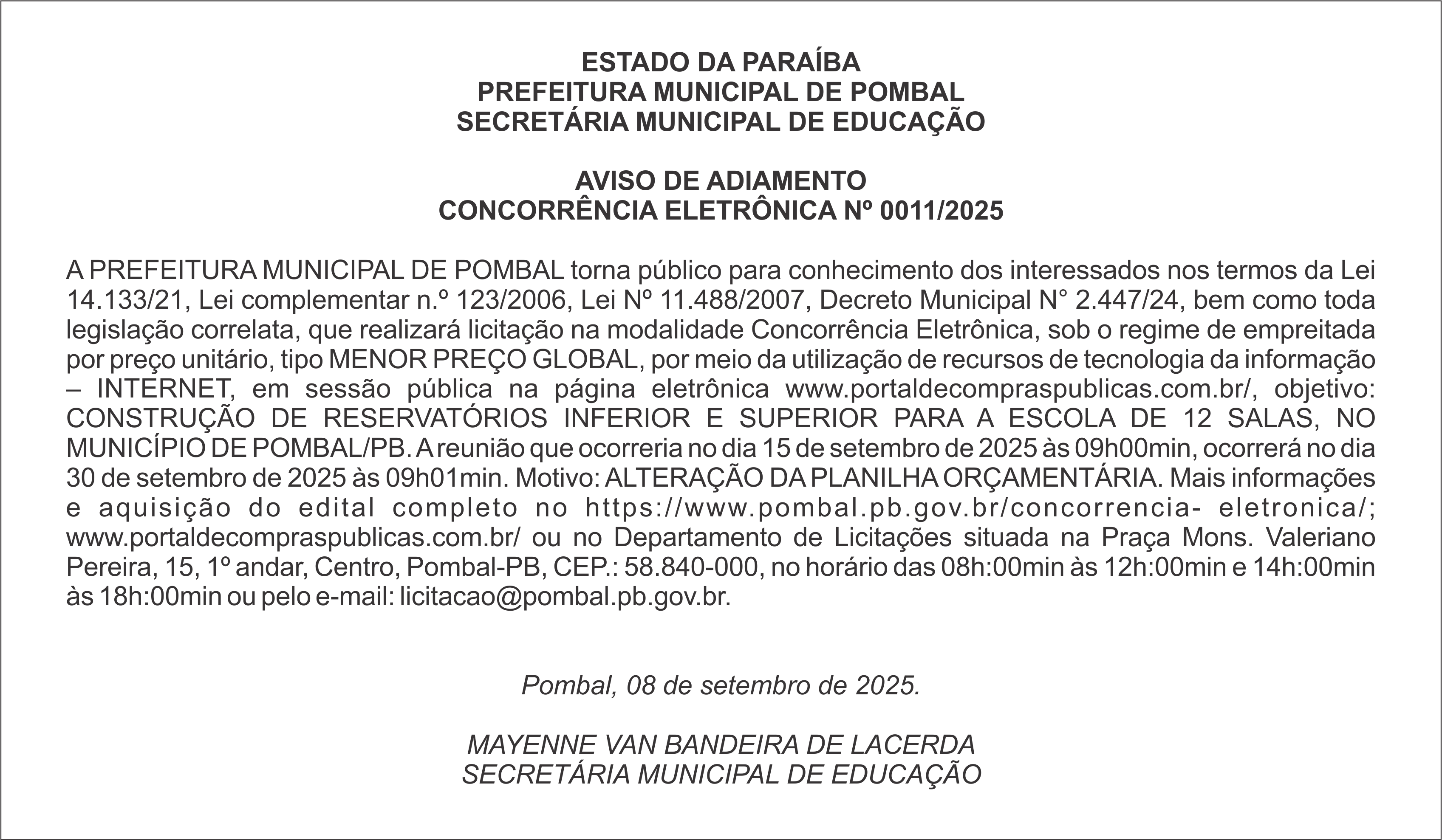 PREFEITURA MUNICIPAL DE POMBAL – AVISO DE ADIAMENTO CONCORRÊNCIA ELETRÔNICA Nº 0011/2025
