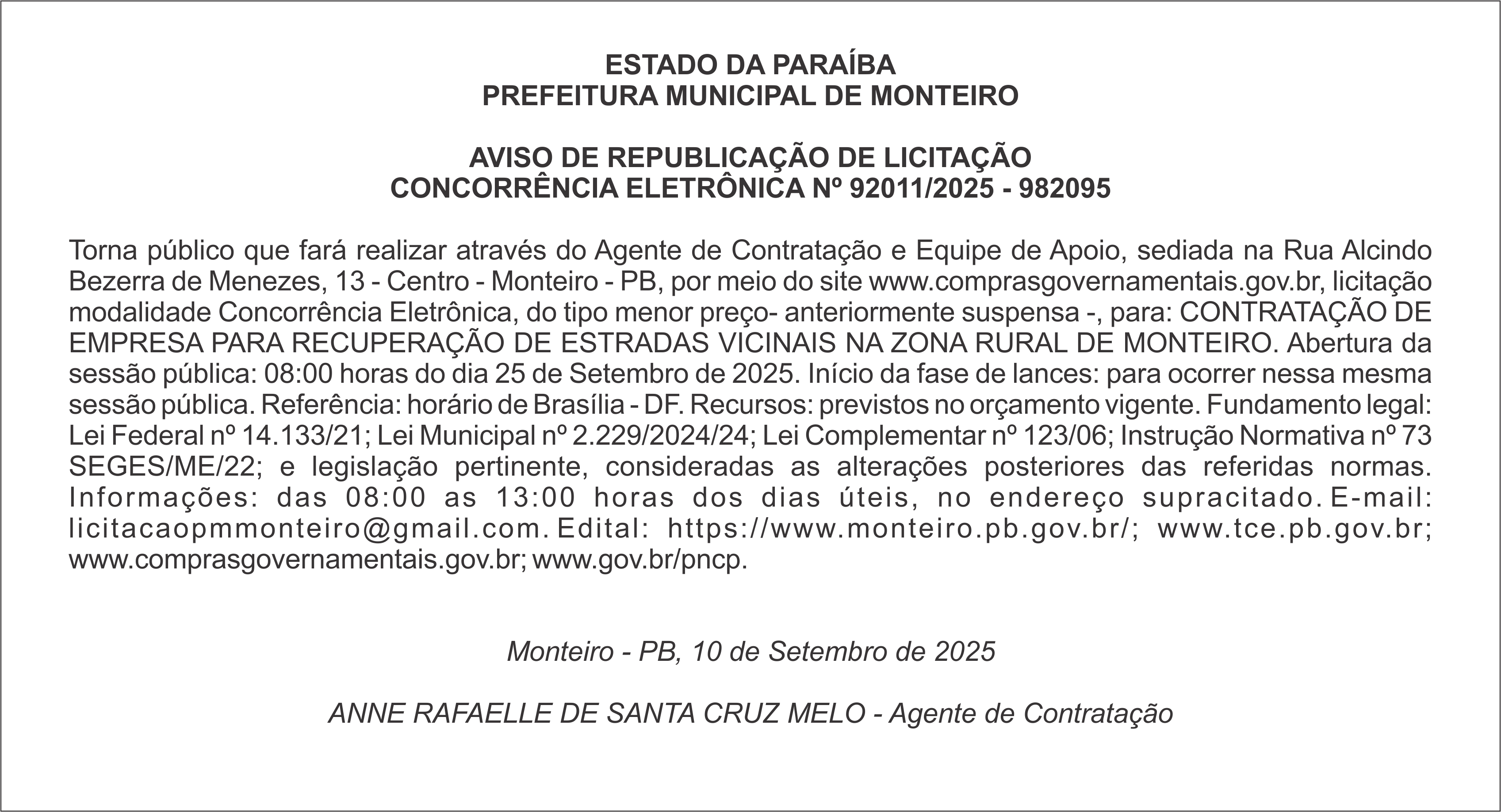 PREFEITURA MUNICIPAL DE MONTEIRO – AVISO DE REPUBLICAÇÃO DE LICITAÇÃO – CONCORRÊNCIA ELETRÔNICA Nº 92011/2025 – 982095