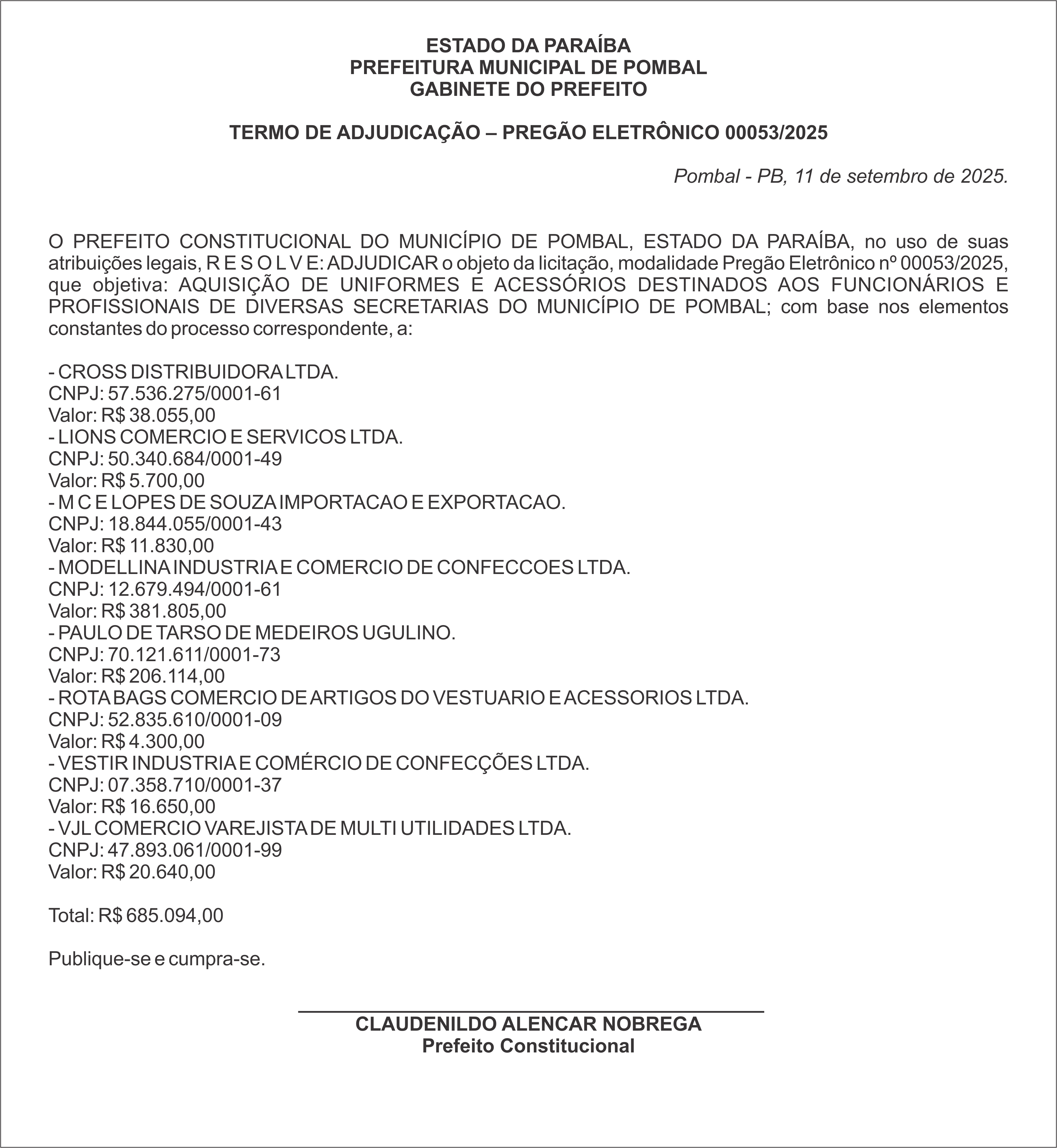 PREFEITURA MUNICIPAL DE POMBAL – TERMO DE ADJUDICAÇÃO – PREGÃO ELETRÔNICO 00053/2025