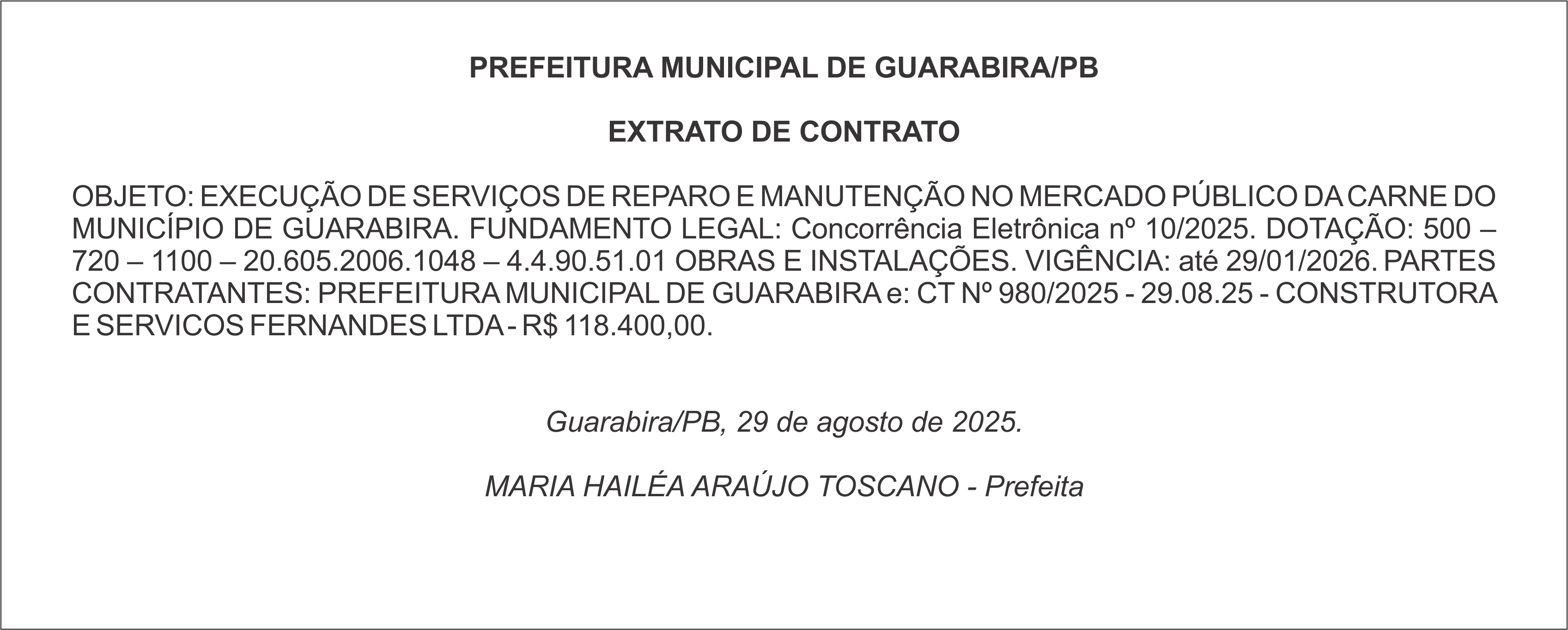 PREFEITURA MUNICIPAL DE GUARABIRA/PB – EXTRATO DE CONTRATO