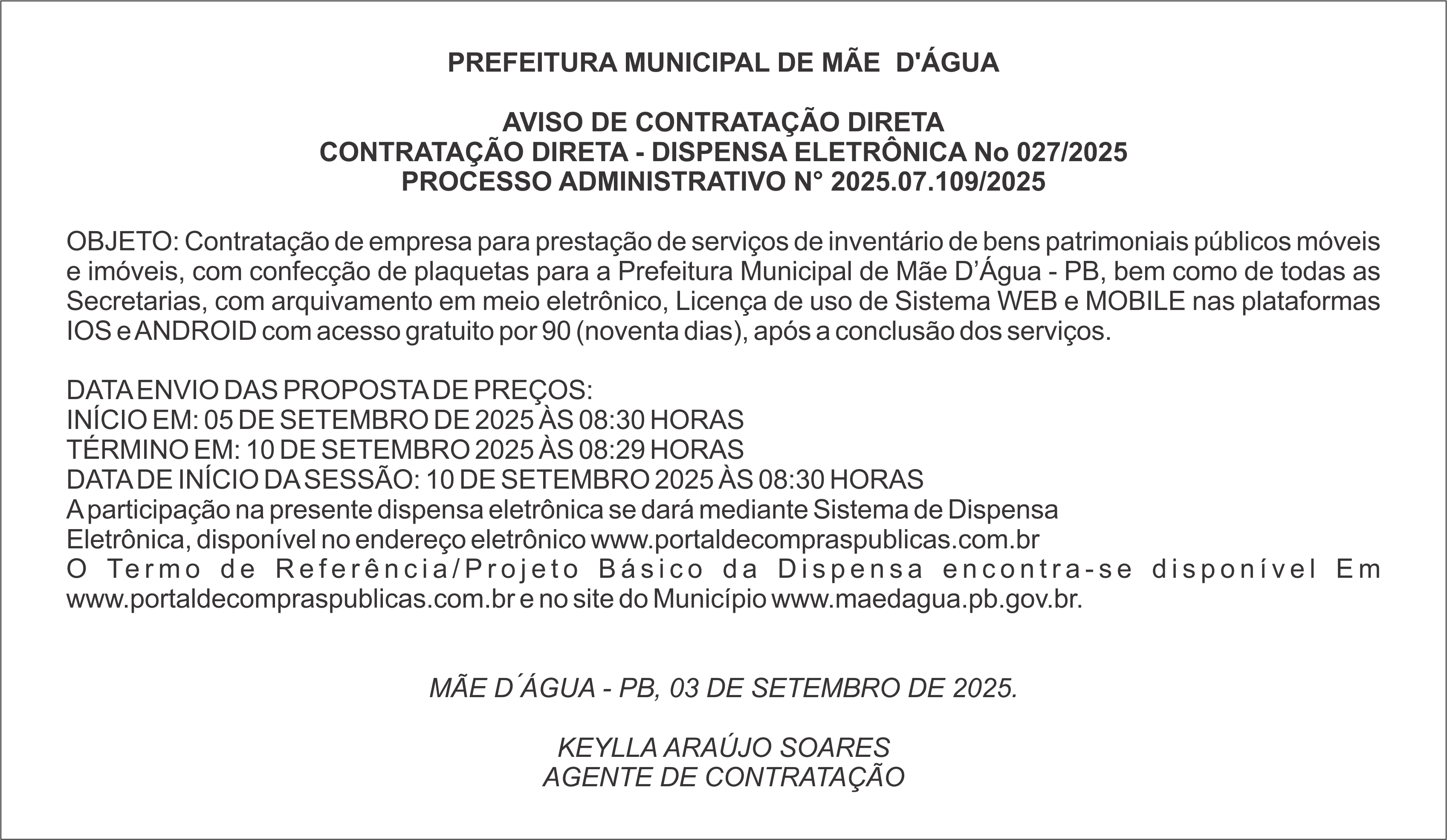PREFEITURA DE MÃE D’ÁGUA – AVISO DE CONTRATAÇÃO DIRETA – DISPENSA ELETRÔNICA No 027/2025