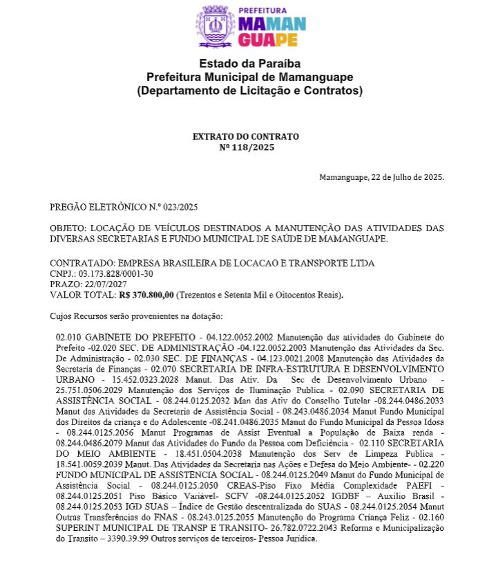 Prefeitura Municipal de Mamanguape – EXTRATO DO CONTRATO Nº 118/2025