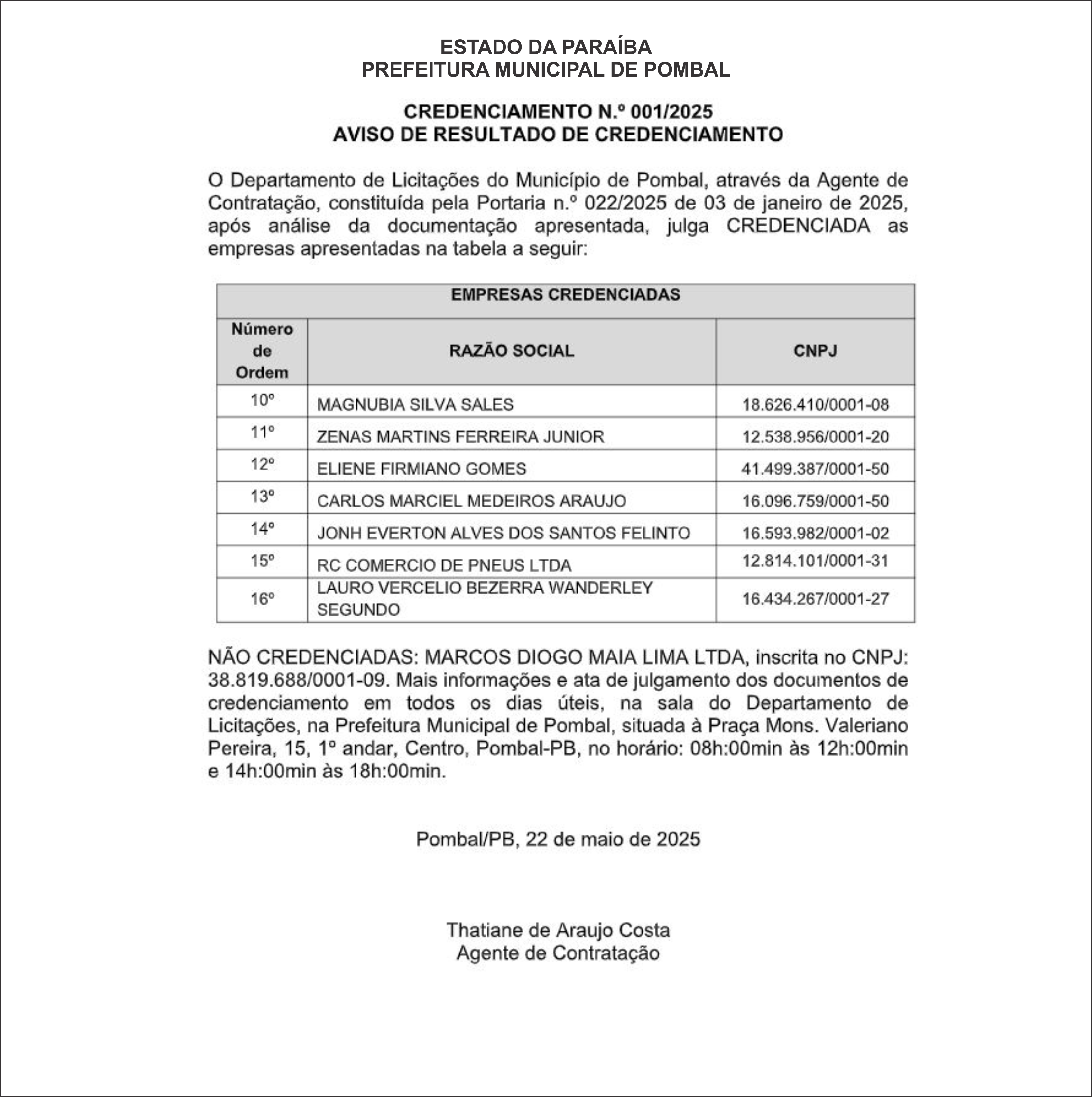 PREFEITURA MUNICIPAL DE POMBAL – CREDENCIAMENTO N.º 001/2025 AVISO DE RESULTADO DE CREDENCIAMENTO