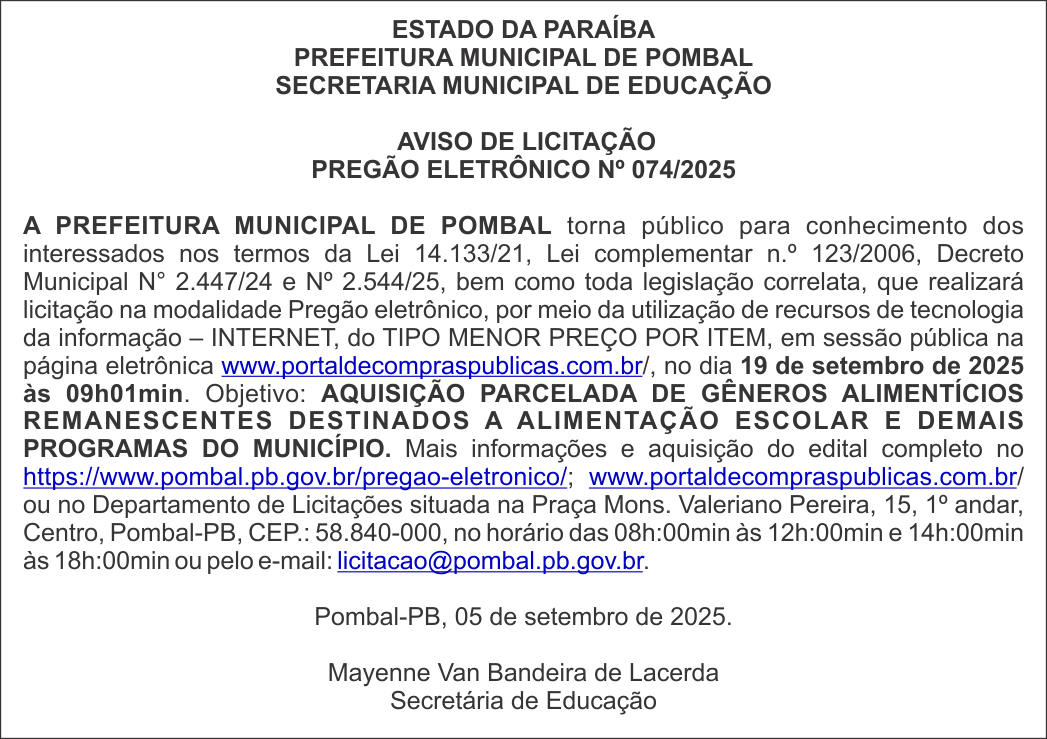PREFEITURA MUNICIPAL DE POMBAL – AVISO DE LICITAÇÃO – PREGÃO ELETRÔNICO Nº 074/2025