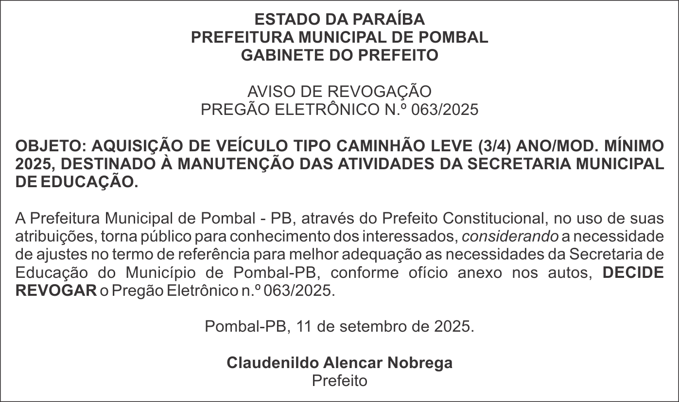 PREFEITURA MUNICIPAL DE POMBAL – AVISO DE REVOGAÇÃO – PREGÃO ELETRÔNICO N.º 063/2025