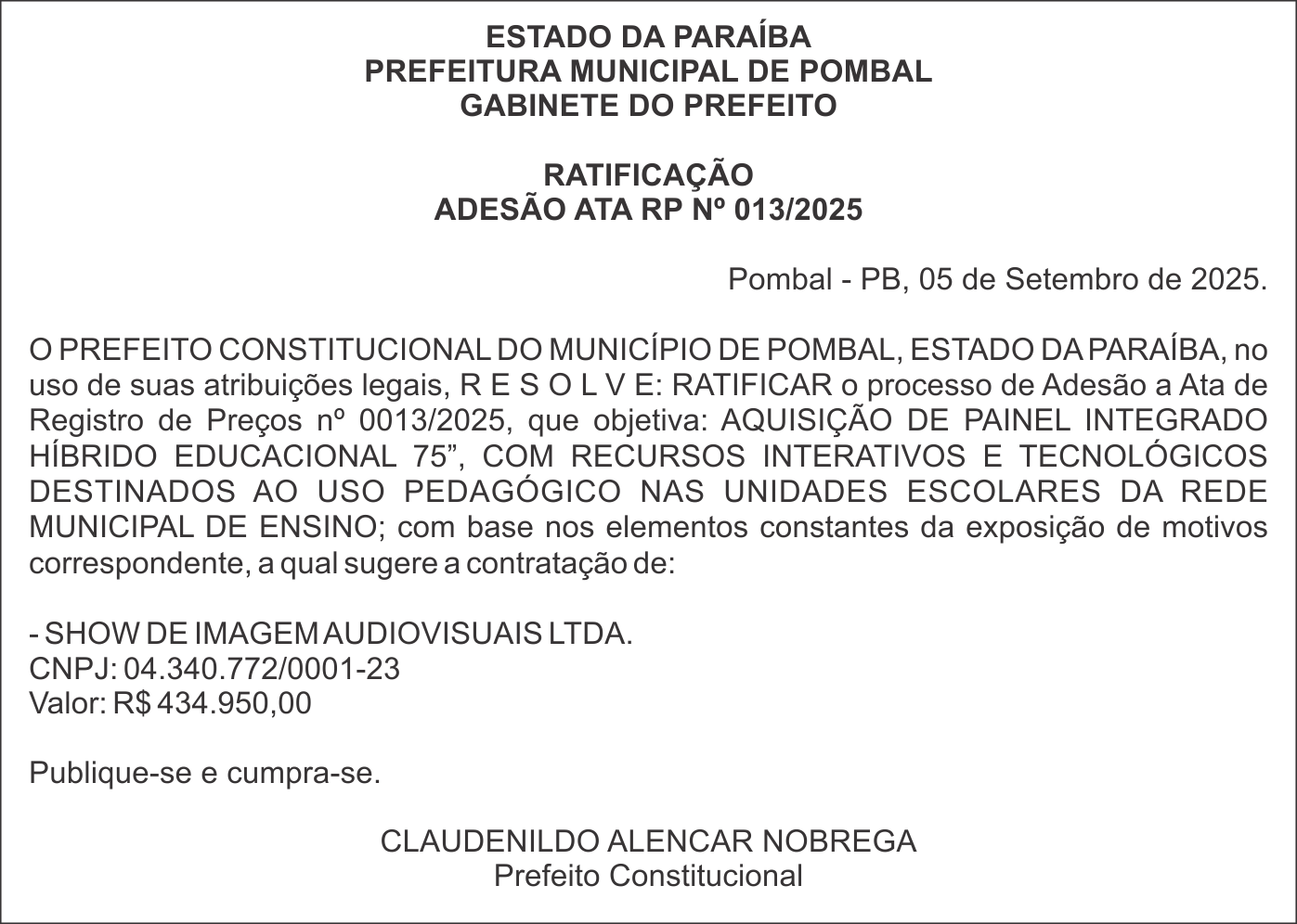 PREFEITURA MUNICIPAL DE POMBAL – RATIFICAÇÃO – ADESÃO ATA RP Nº 013/2025