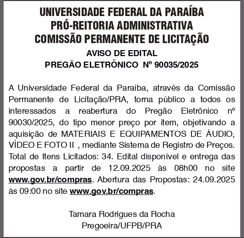 UNIVERSIDADE FEDERAL DA PARAIBA – PREGÃO ELETRÔNICO No 90035/2025
