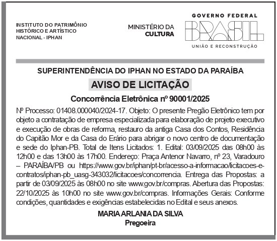 IPHAN – DF – BRASILIA – Aviso de Licitação – Concorrência no 90001-2025 PB