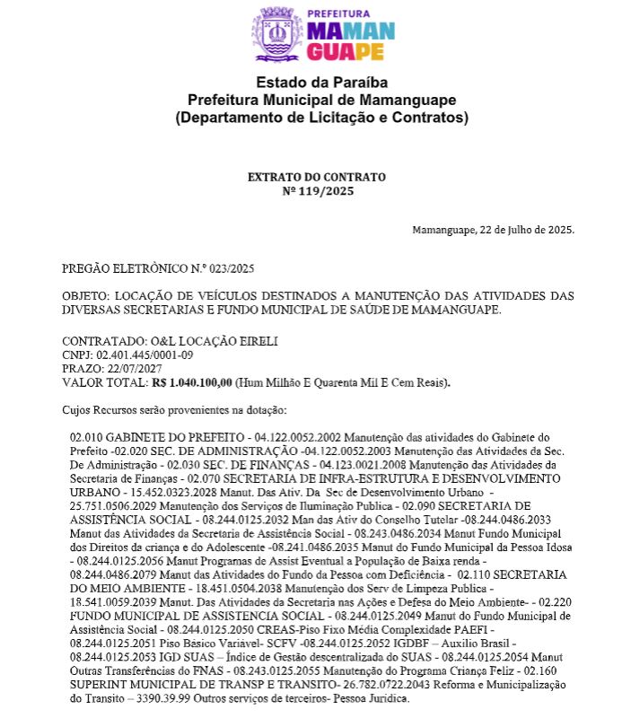 Prefeitura Municipal de Mamanguape – EXTRATO DO CONTRATO Nº 119/2025