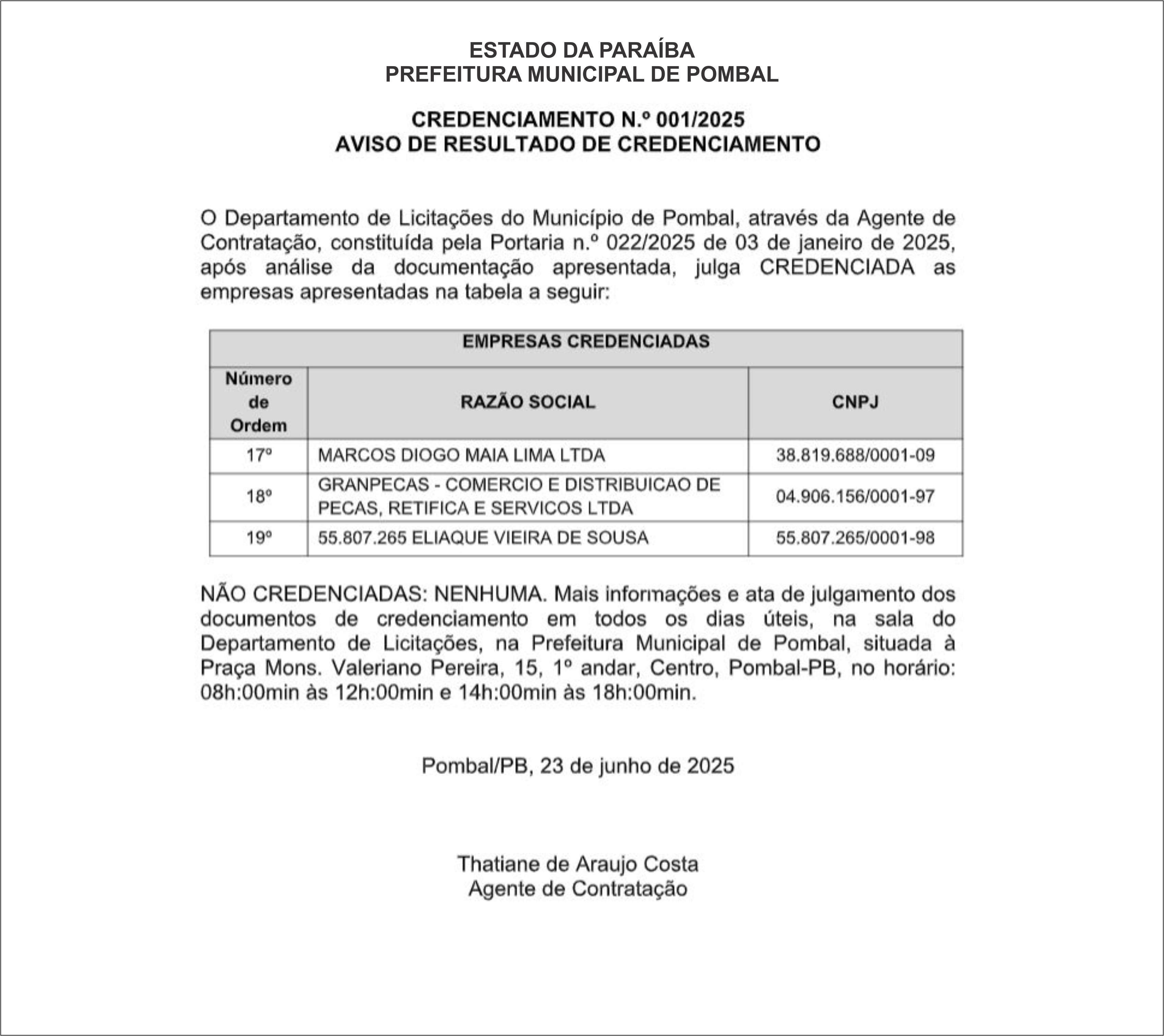 PREFEITURA MUNICIPAL DE POMBAL – CREDENCIAMENTO N.º 001/2025 AVISO DE RESULTADO DE CREDENCIAMENTO