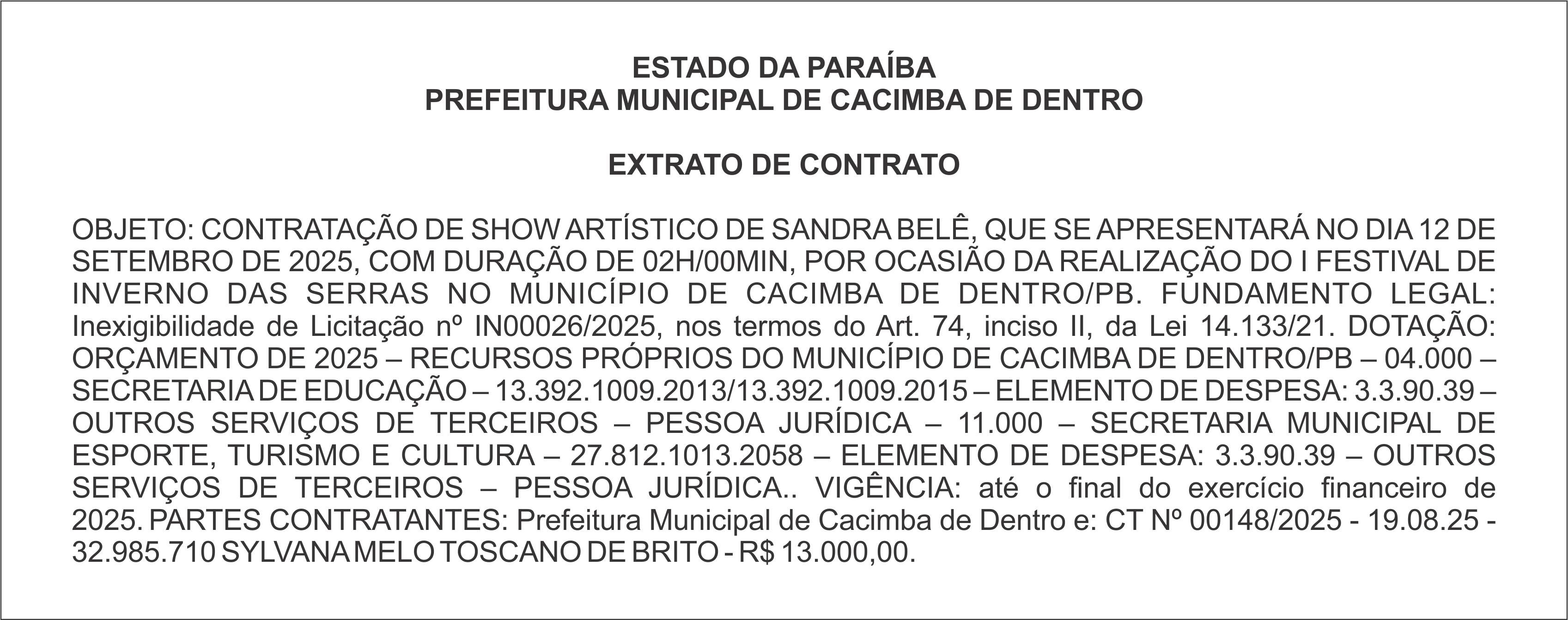 PREFEITURA MUNICIPAL DE CACIMBA DE DENTRO – EXTRATO DE CONTRATO