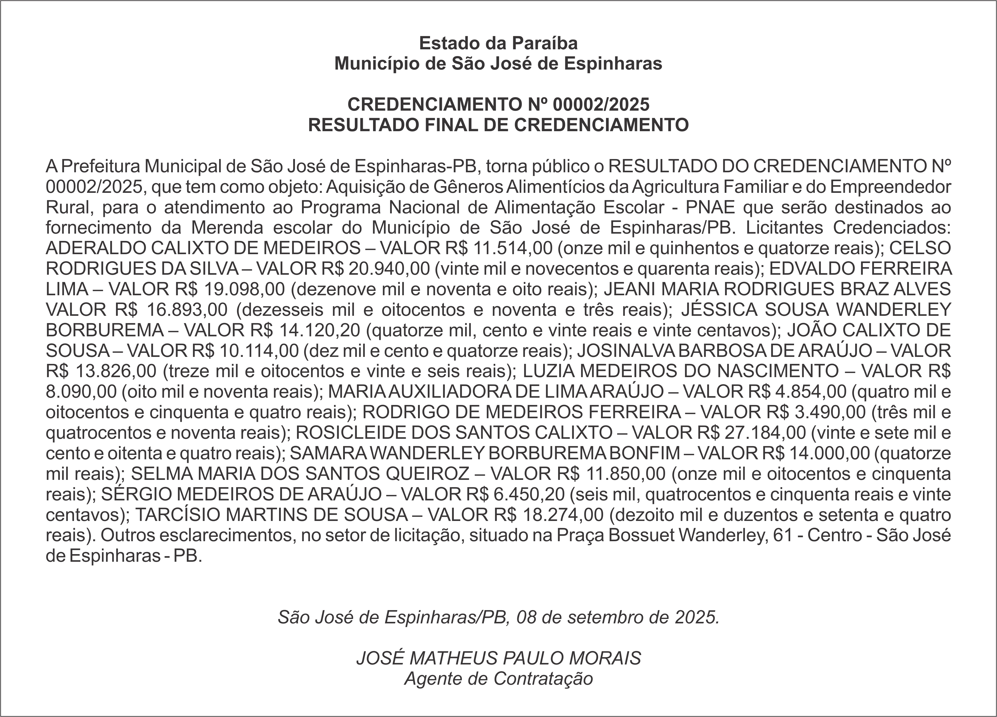 PREFEITURA MUNICIPAL DE SÃO JOSÉ DE ESPINHARAS – CREDENCIAMENTO Nº 00002/2025 – RESULTADO FINAL DE CREDENCIAMENTO