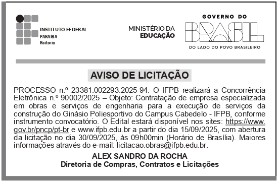 IFPB – PB – JOÃO PESSOA – REITORIA – EDITAL – CONCORRÊNCIA n.o 90002/2025