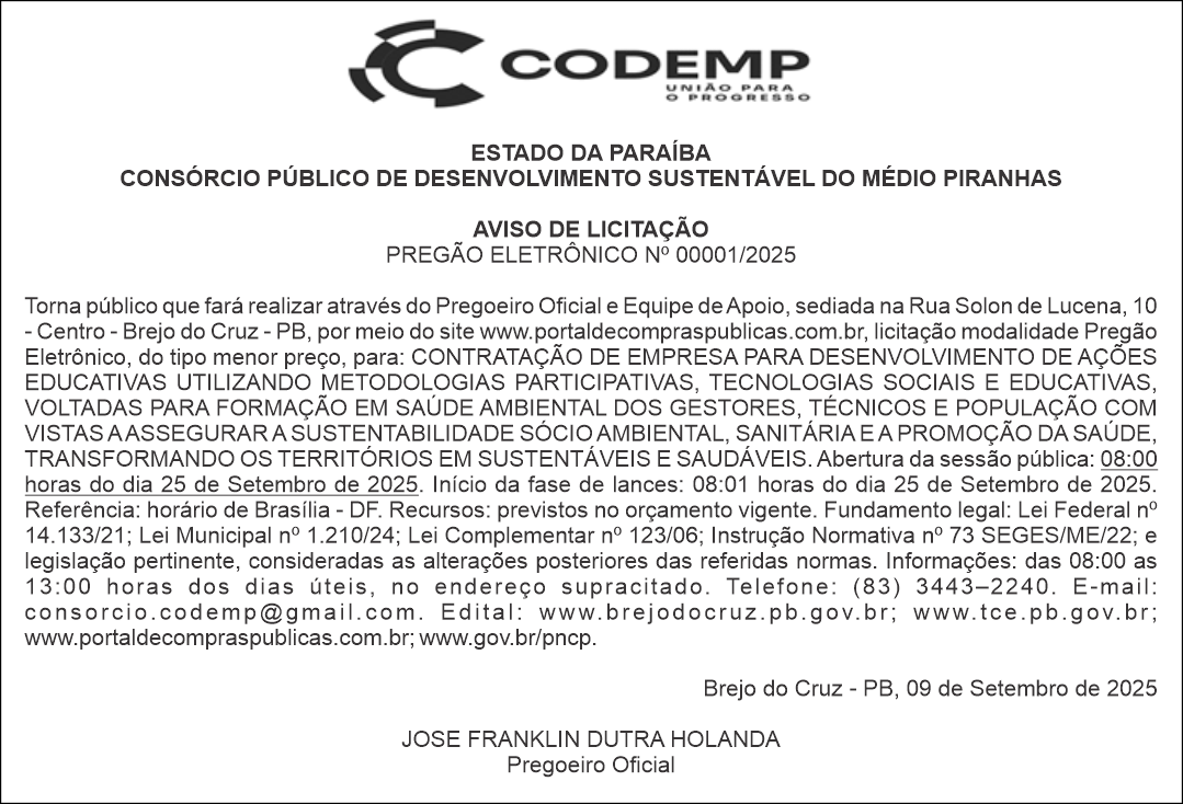 CONSÓRCIO PÚBLICO DE DESENVOLVIMENTO SUSTENTÁVEL DO MÉDIO PIRANHAS – AVISO DE LICITAÇÃO PREGÃO ELETRÔNICO Nº 00001/2025