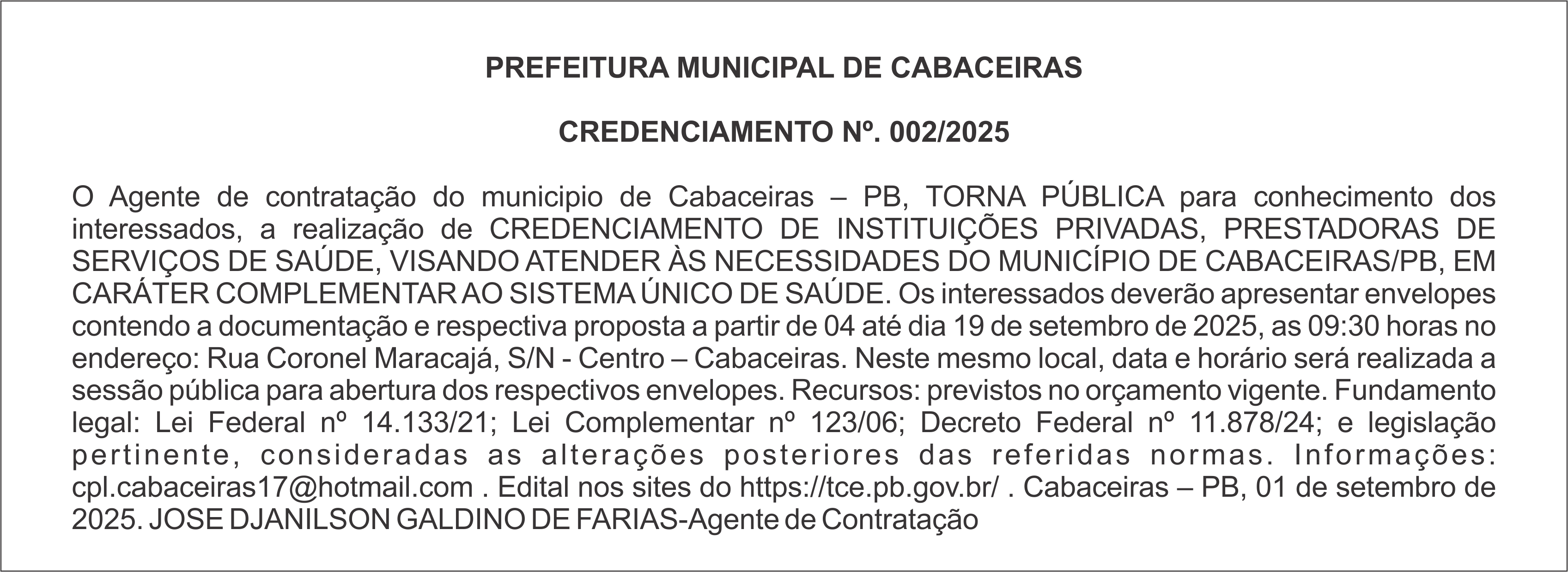 PREFEITURA MUNICIPAL DE CABACEIRAS – CREDENCIAMENTO Nº. 002/2025