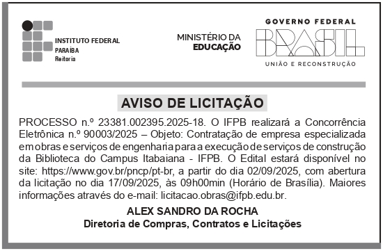 IFPB – PB – JOÃO PESSOA – REITORIA – EDITAL – CONCORRÊNCIA ELETRÔNICA n.o 90003/2025