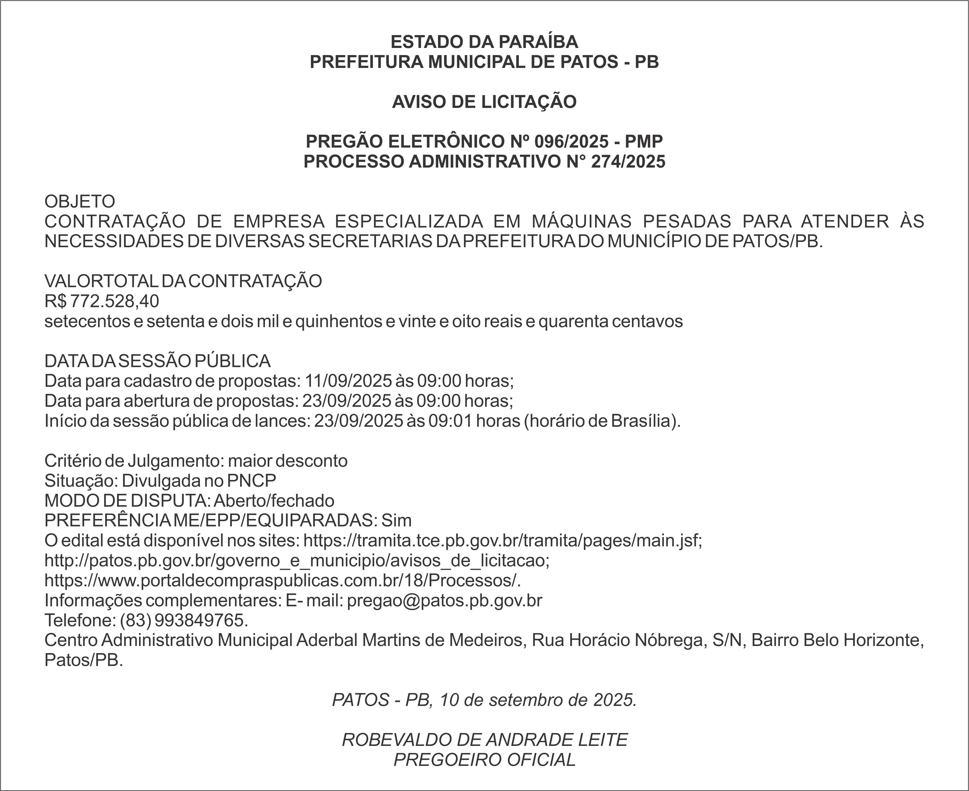 PREFEITURA MUNICIPAL DE PATOS – PB – PREGÃO ELETRÔNICO Nº 096/2025 – PMP