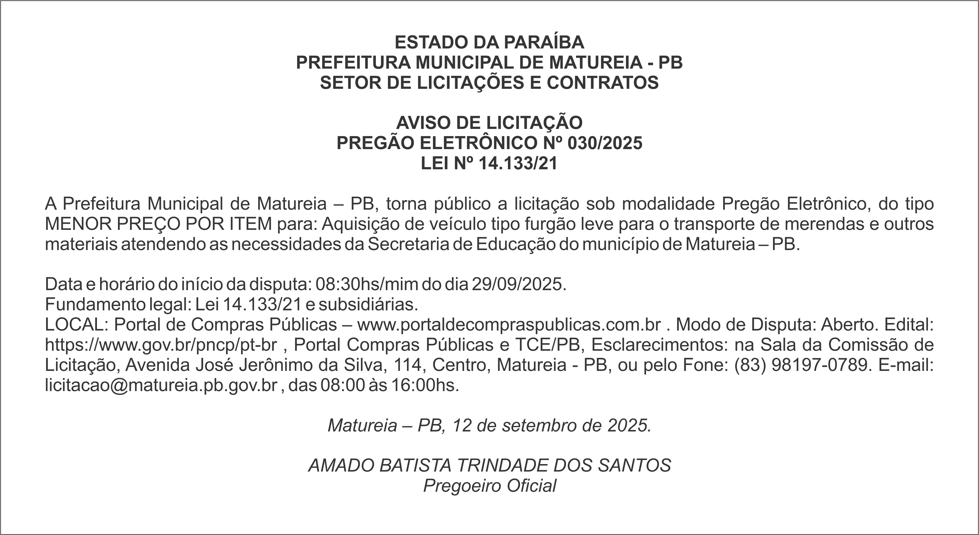 PREFEITURA MUNICIPAL DE MATUREIA – PB – SETOR DE LICITAÇÕES E CONTRATOS – AVISO DE LICITAÇÃO – PREGÃO ELETRÔNICO Nº 030/2025
