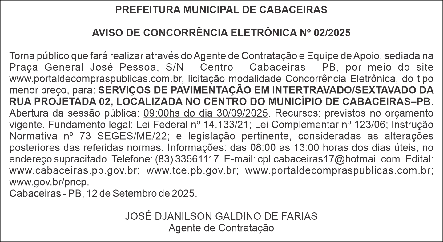 PREFEITURA MUNICIPAL DE CABACEIRAS – AVISO DE CONCORRÊNCIA ELETRÔNICA Nº 02/2025
