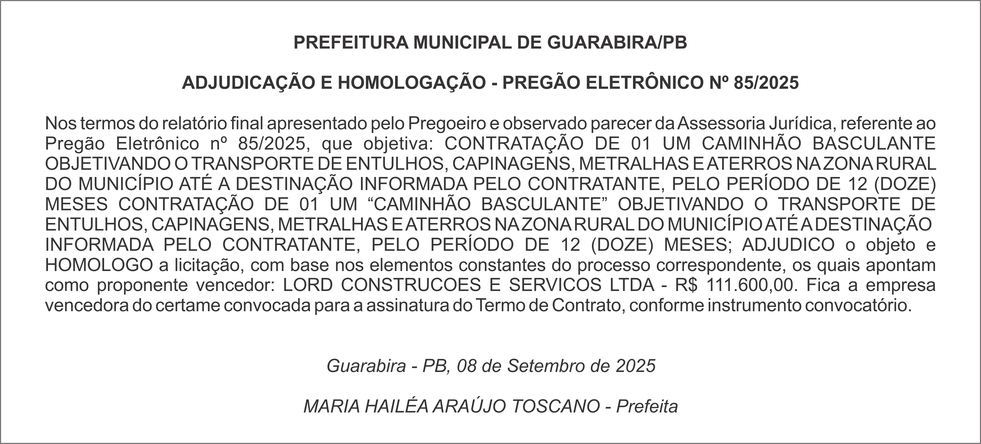 PREFEITURA MUNICIPAL DE GUARABIRA/PB – ADJUDICAÇÃO E HOMOLOGAÇÃO – PREGÃO ELETRÔNICO Nº 85/2025