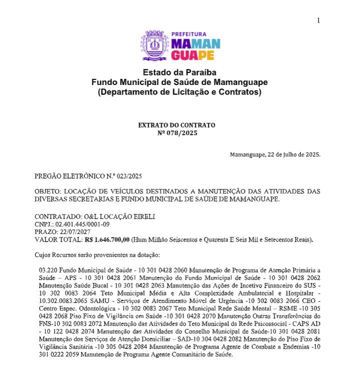 Fundo Municipal de Saúde de Mamanguape – EXTRATO DO CONTRATO Nº 078/2025