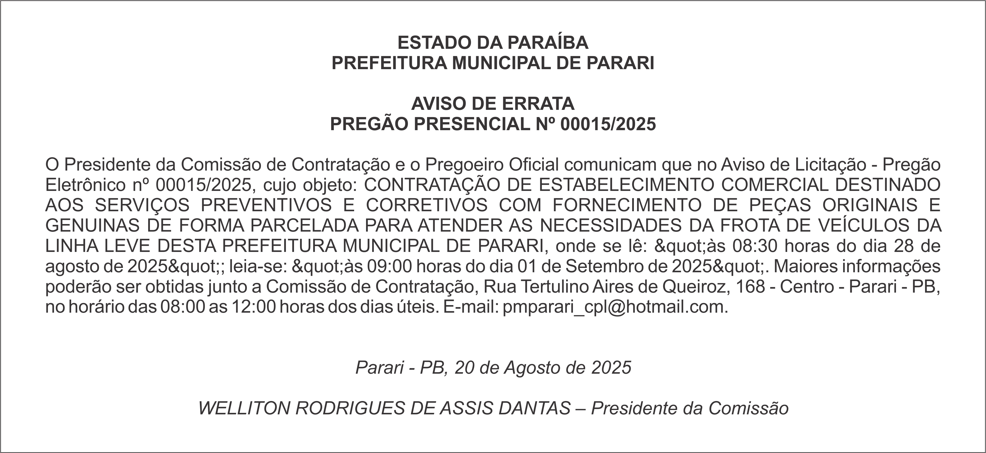 PREFEITURA MUNICIPAL DE PARARI – AVISO DE ERRATA – PREGÃO PRESENCIAL Nº 00015/2025