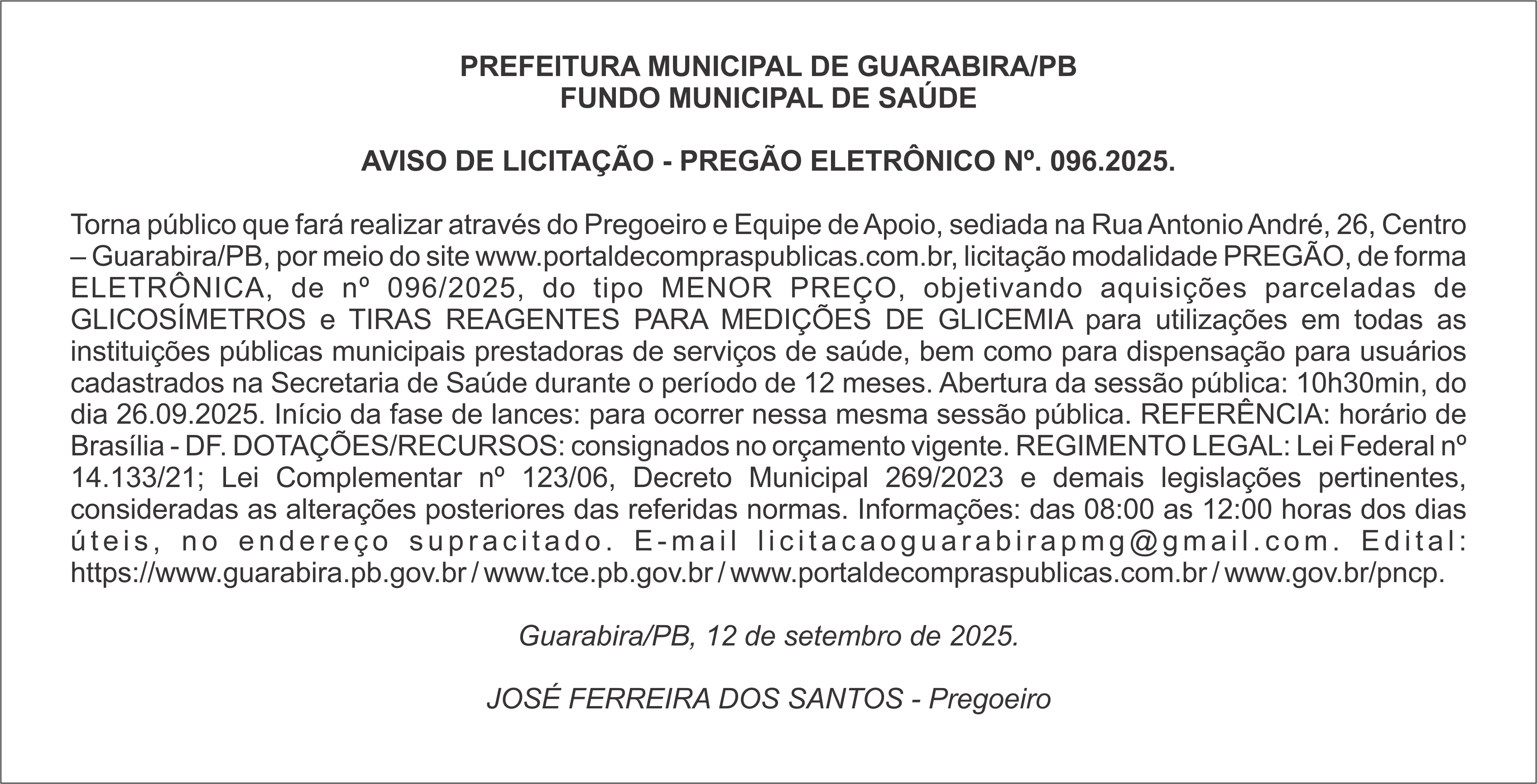 PREFEITURA MUNICIPAL DE GUARABIRA/PB – FUNDO MUNICIPAL DE SAÚDE – AVISO DE LICITAÇÃO – PREGÃO ELETRÔNICO Nº. 096.2025.