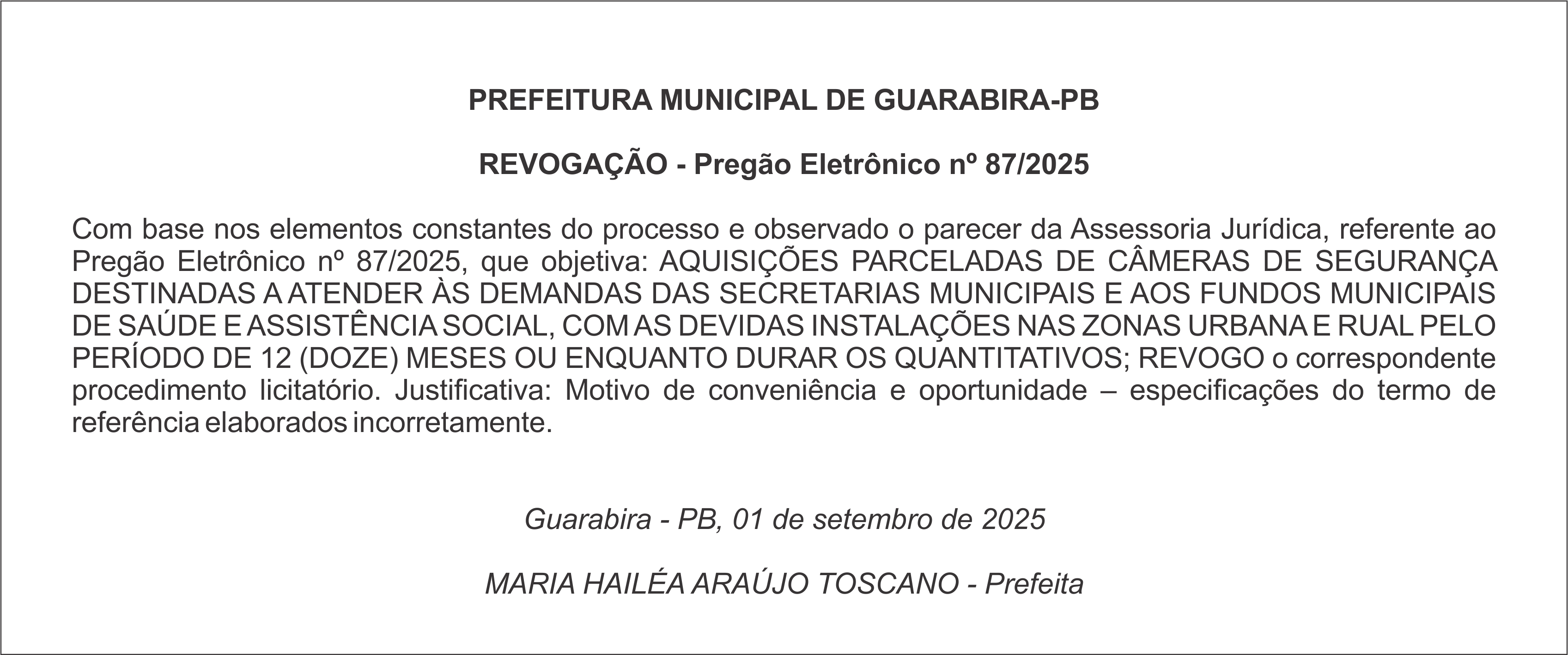 PREFEITURA MUNICIPAL DE GUARABIRA-PB REVOGAÇÃO – Pregão Eletrônico nº 87/2025
